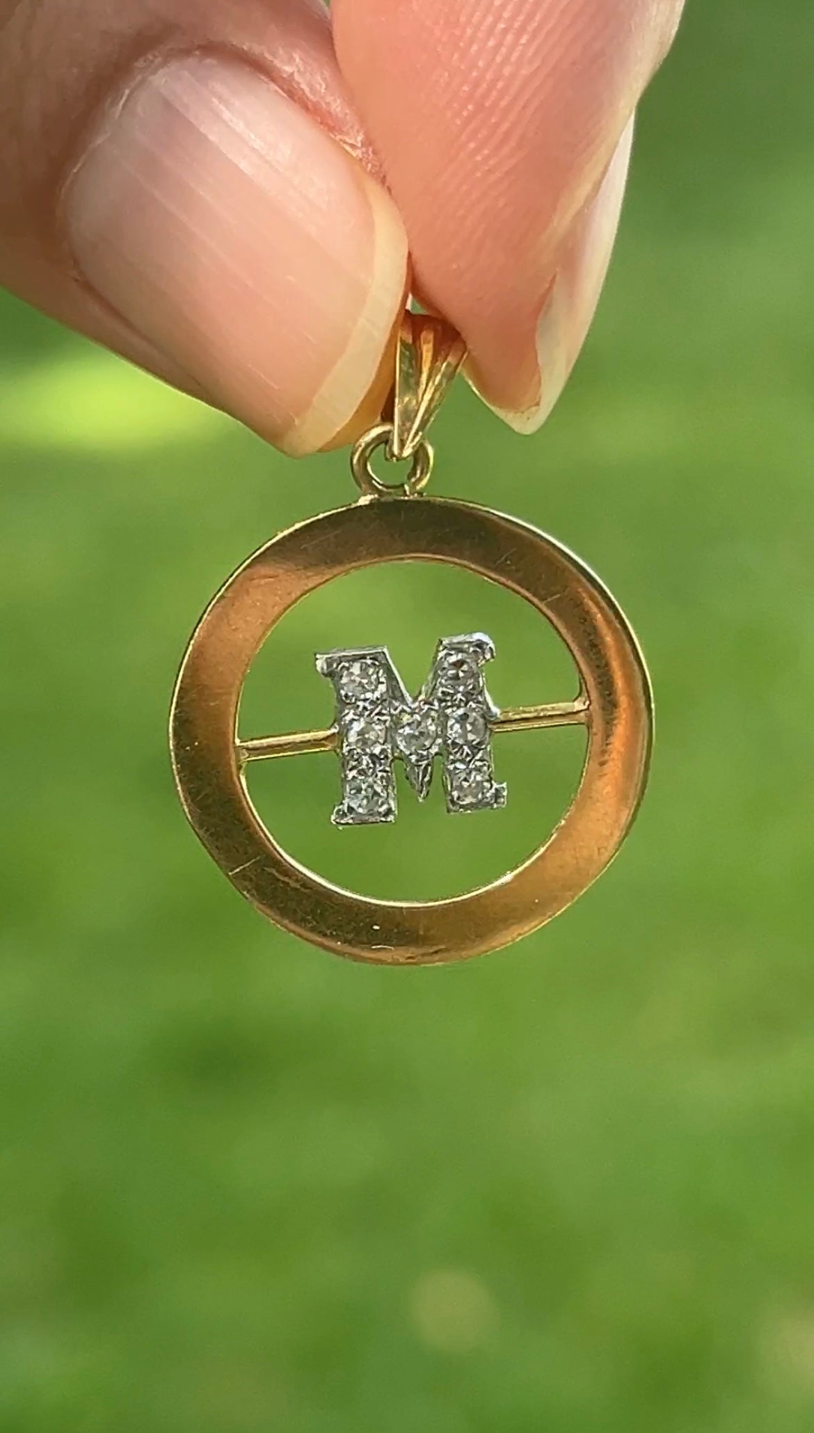 Vintage 18K Initial “M” Diamond Medallion Charm Pendant