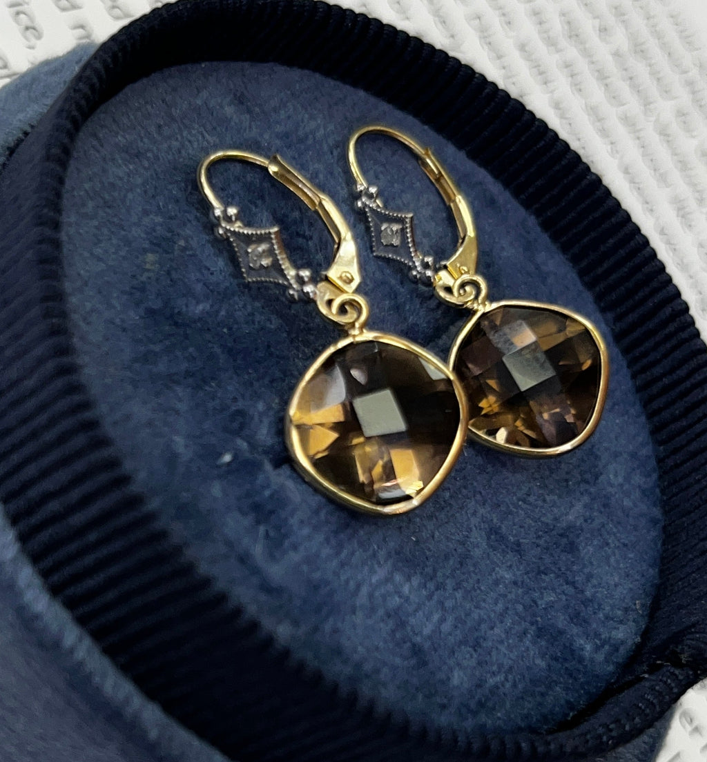 Minimalist Smoky Quartz 14K Yellow Gold Dangling Earrings.