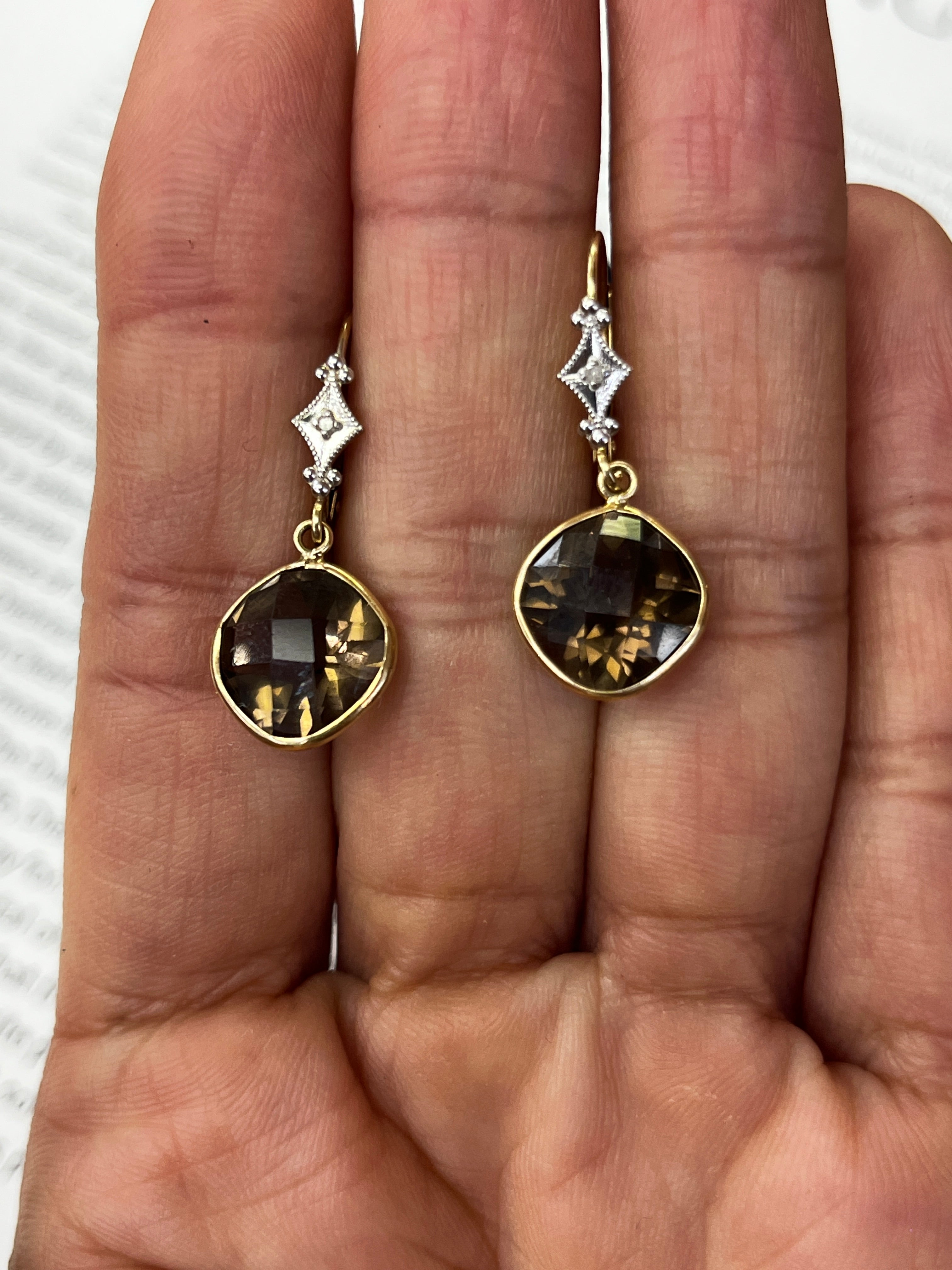 Minimalist Smoky Quartz 14K Yellow Gold Dangling Earrings.