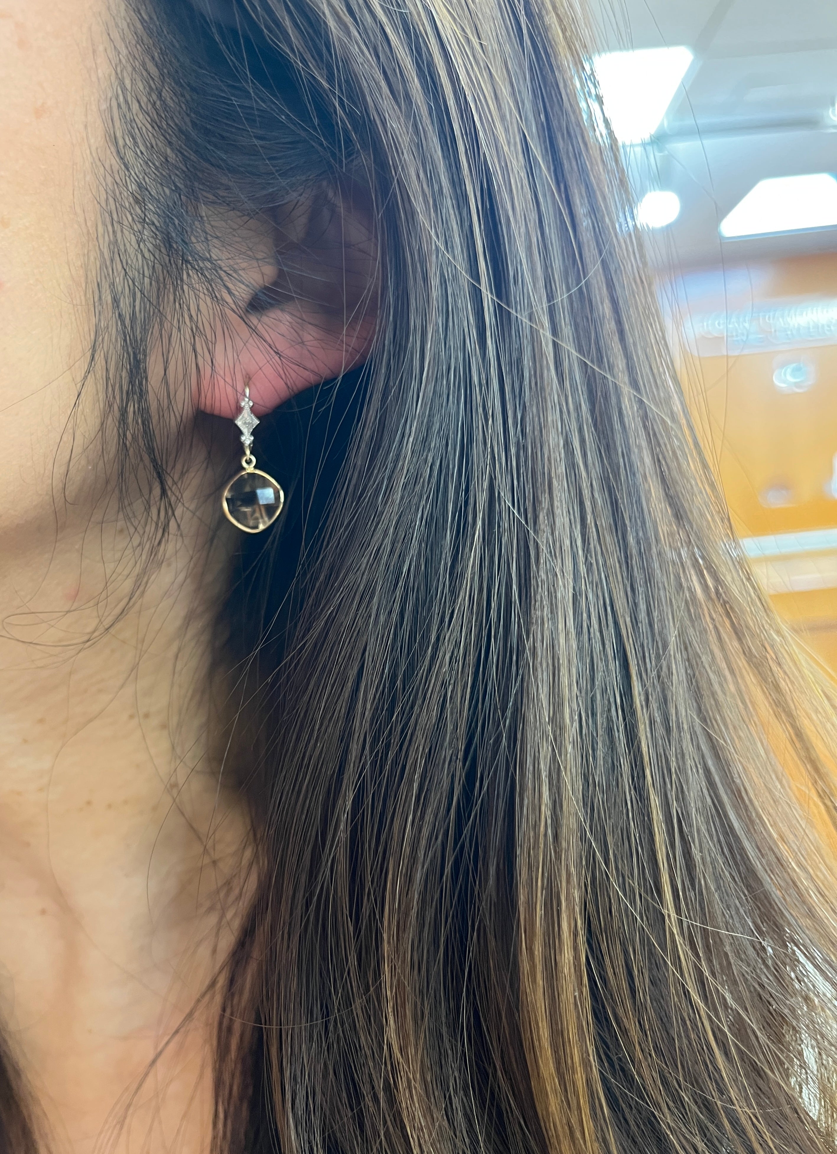 Minimalist Smoky Quartz 14K Yellow Gold Dangling Earrings.