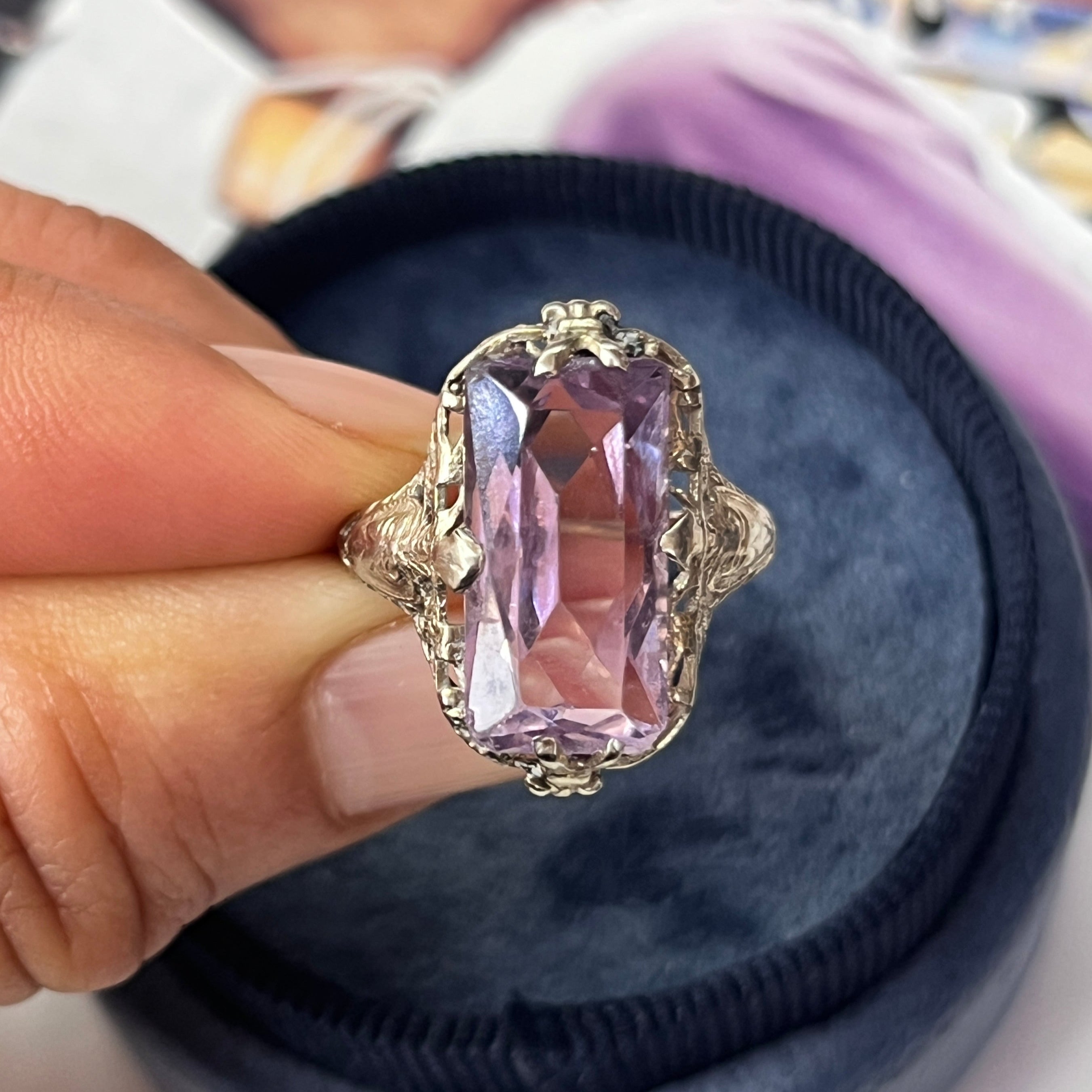 Art Deco 14K White Gold Rose de France Ring