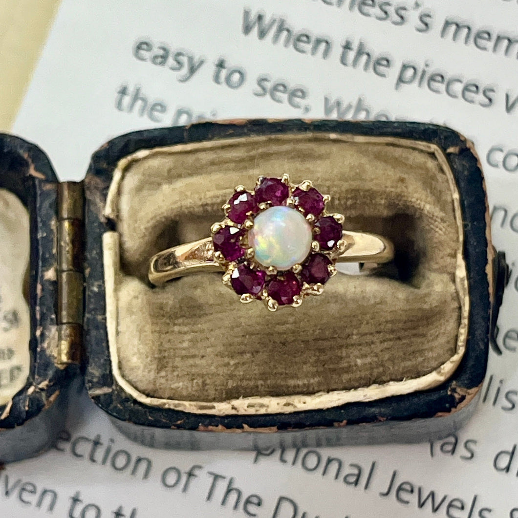 Vintage 10K Yellow Gold Opal & Ruby Flower Ring