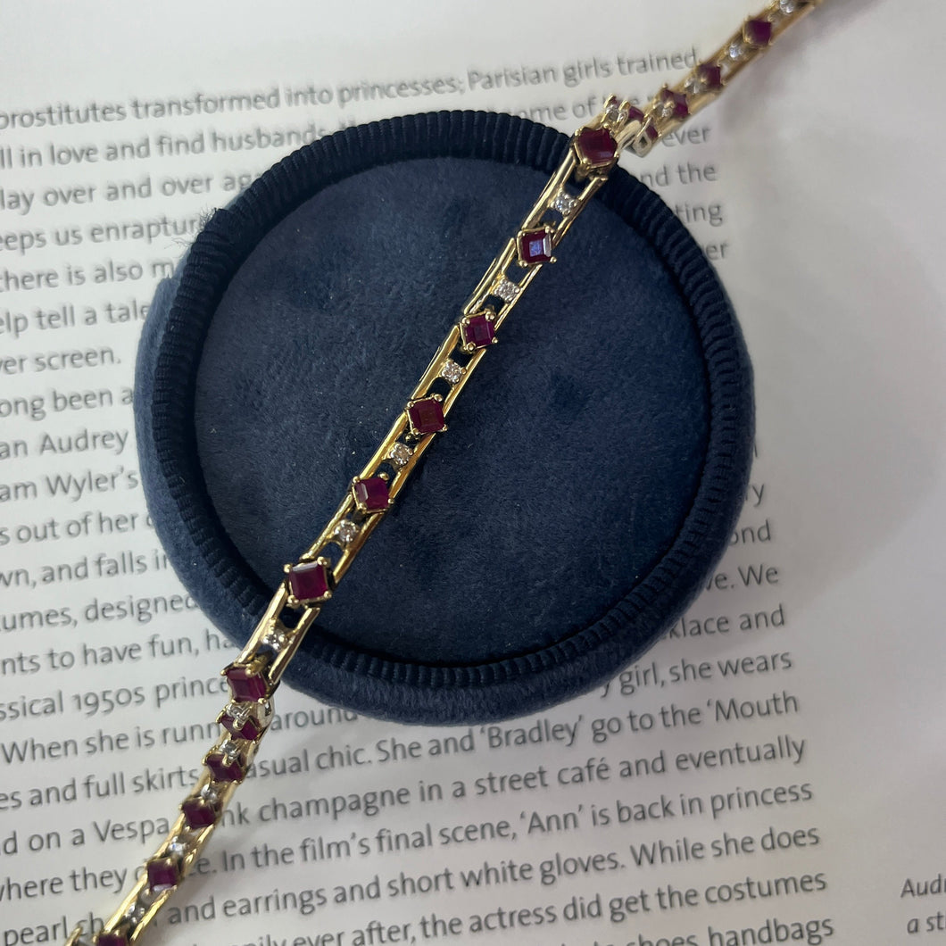 Vintage 14K Yellow Gold Ruby & Diamond Tennis Bracelet