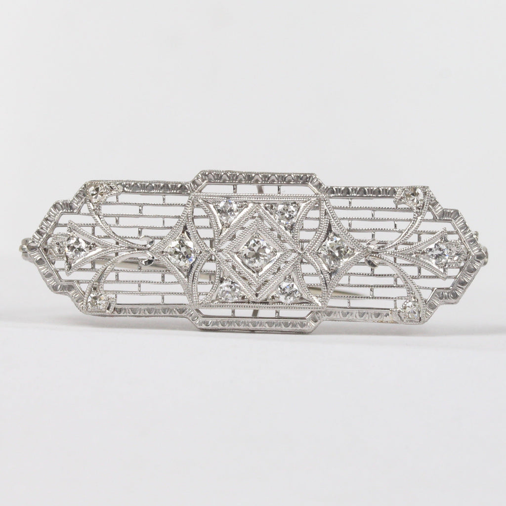 Art Deco 14K White Gold Diamond Filigree Brooch