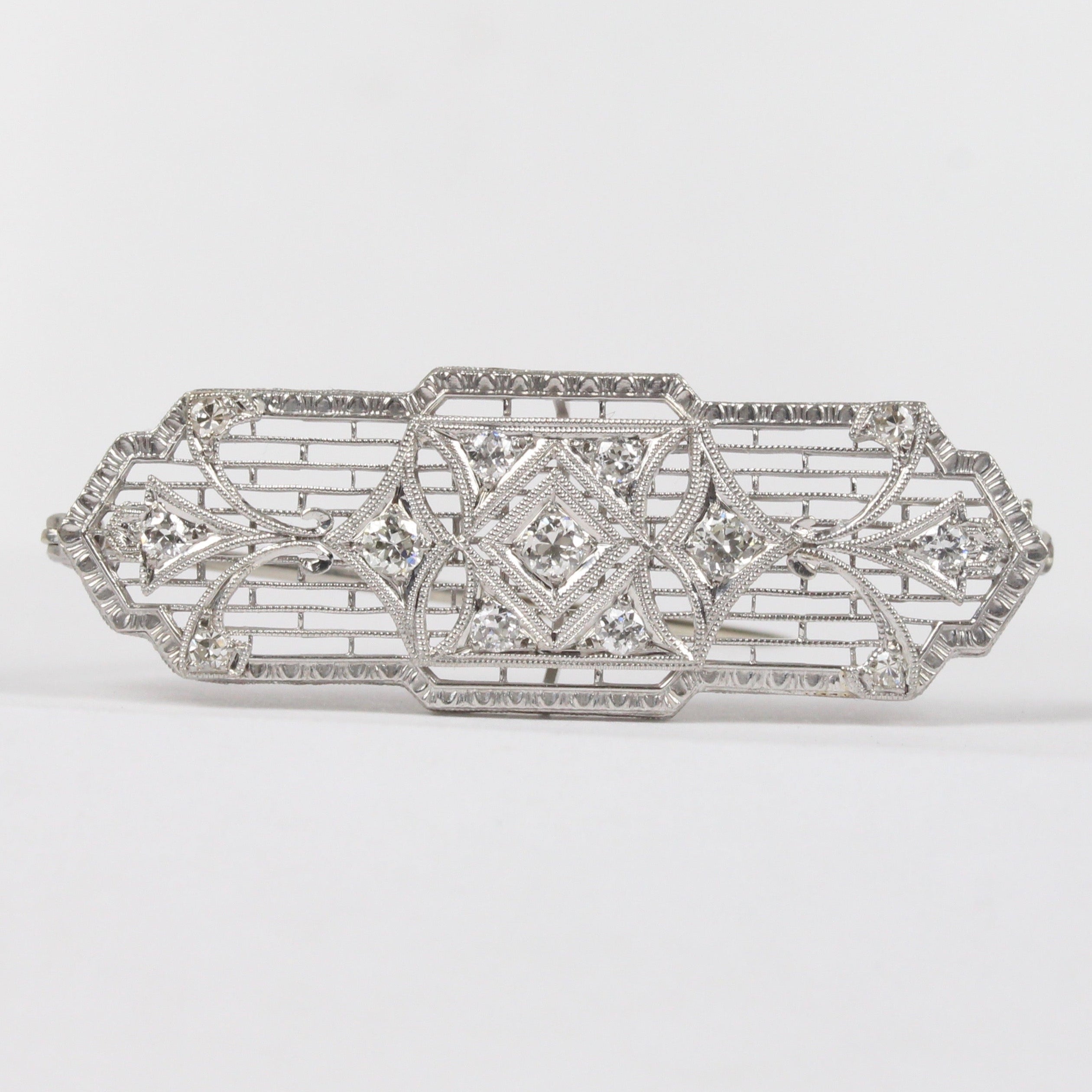 Art Deco 14K White Gold Diamond Filigree Brooch