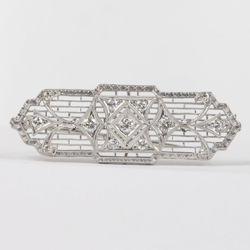 Art Deco 14K White Gold Diamond Filigree Brooch