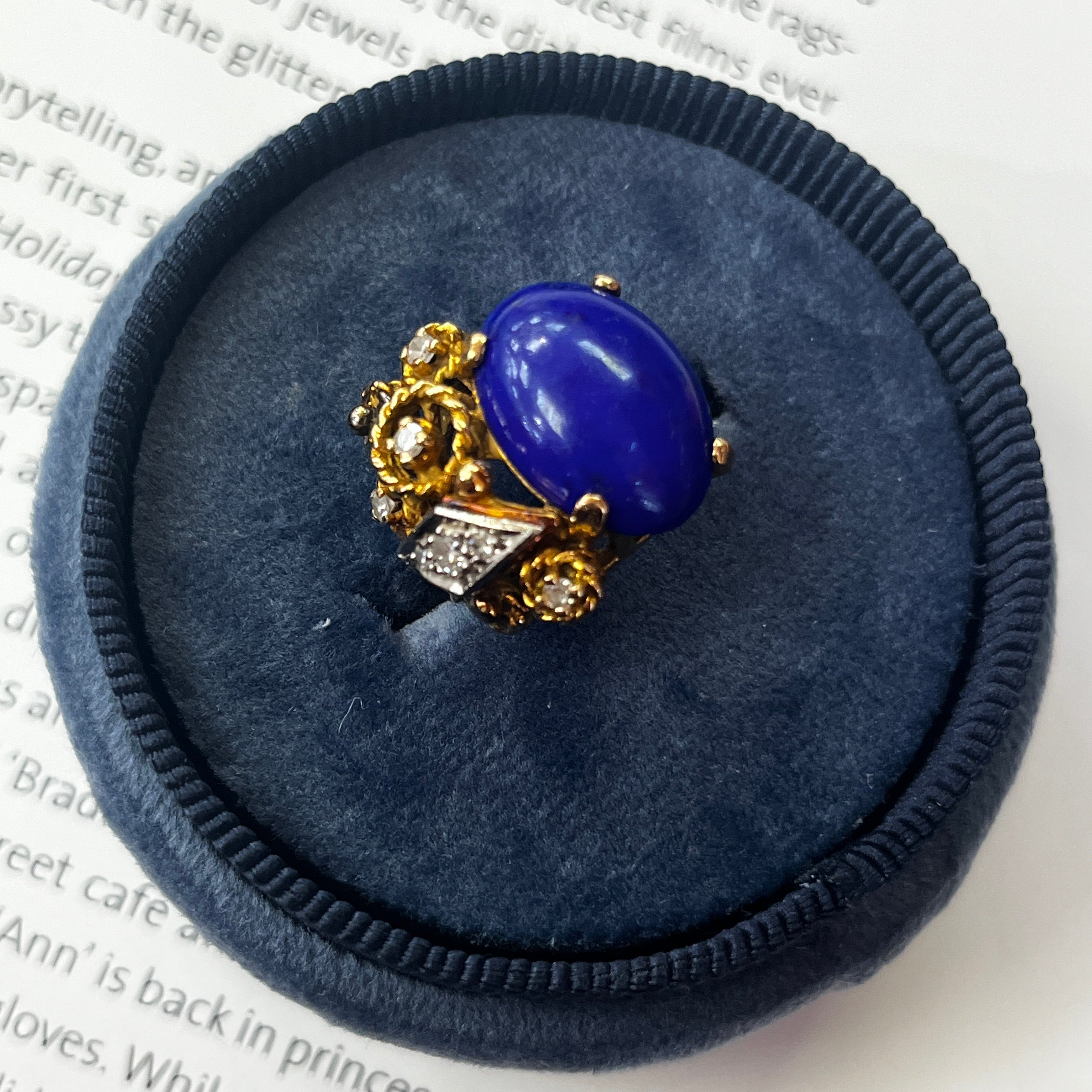 Vintage 14K Yellow Gold Lapis Lazuli & Diamond Artistic Ring