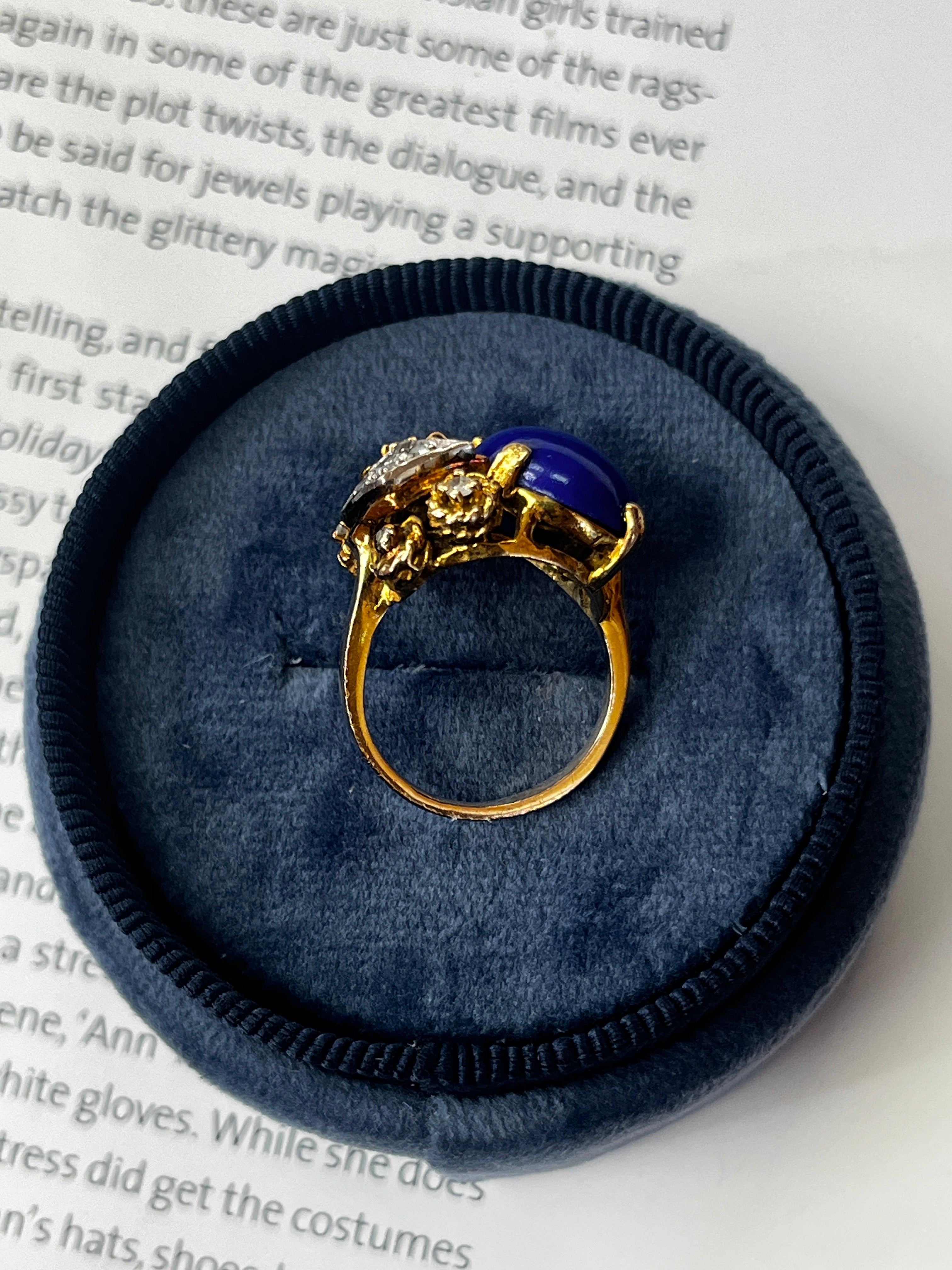 Vintage 14K Yellow Gold Lapis Lazuli & Diamond Artistic Ring