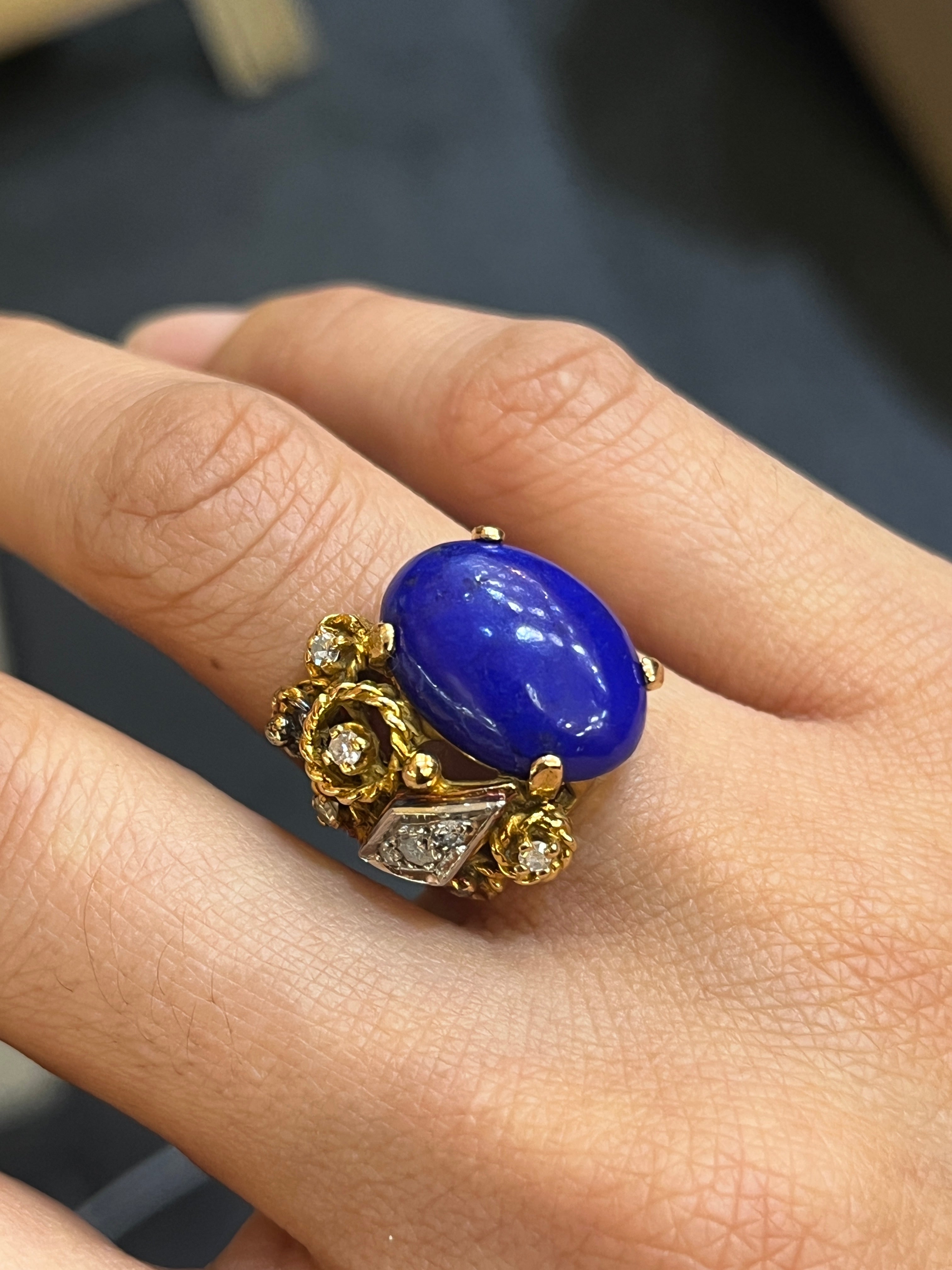 Vintage 14K Yellow Gold Lapis Lazuli & Diamond Artistic Ring