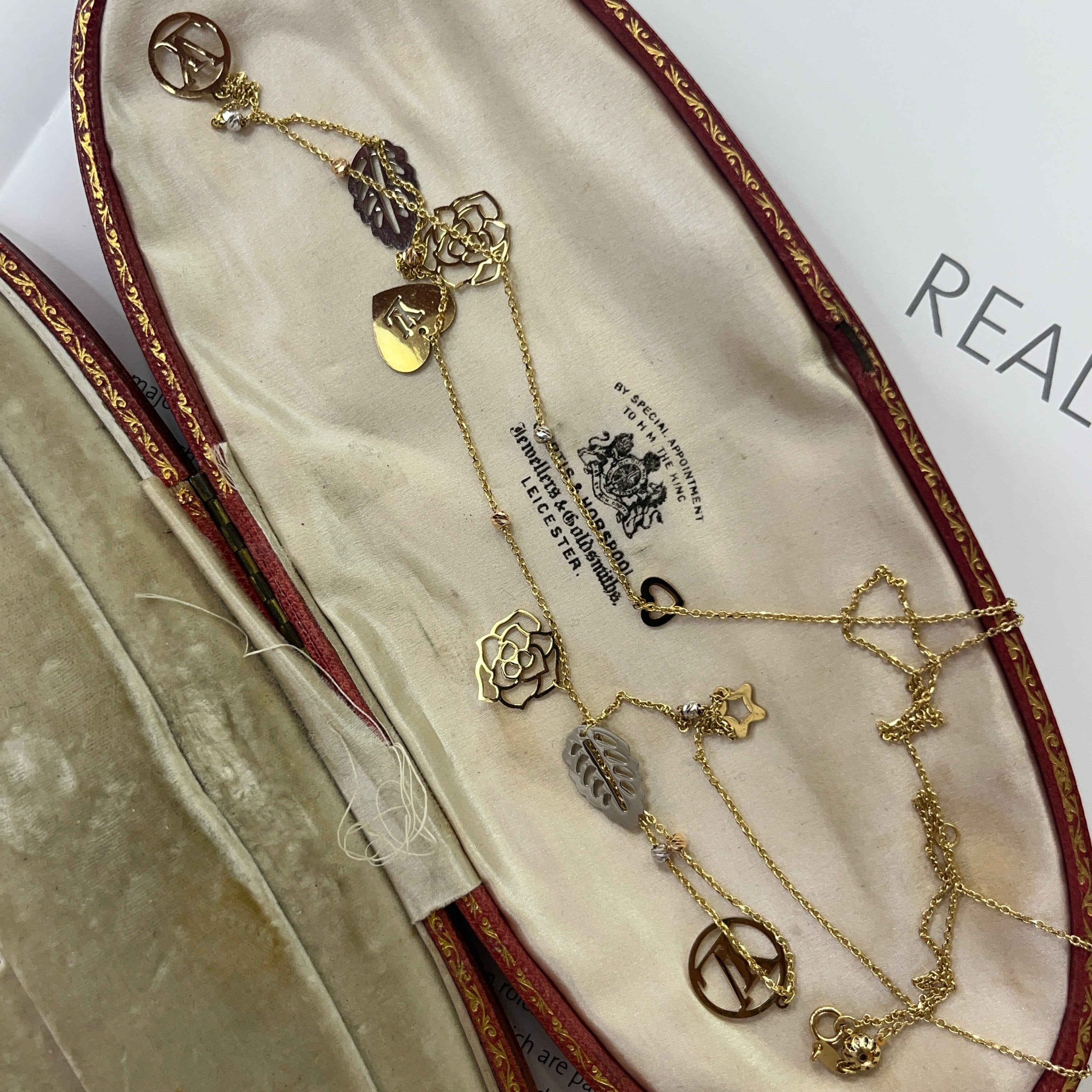 Estate 18K Yellow Gold  9 charms 33.5” Chain Long Necklace