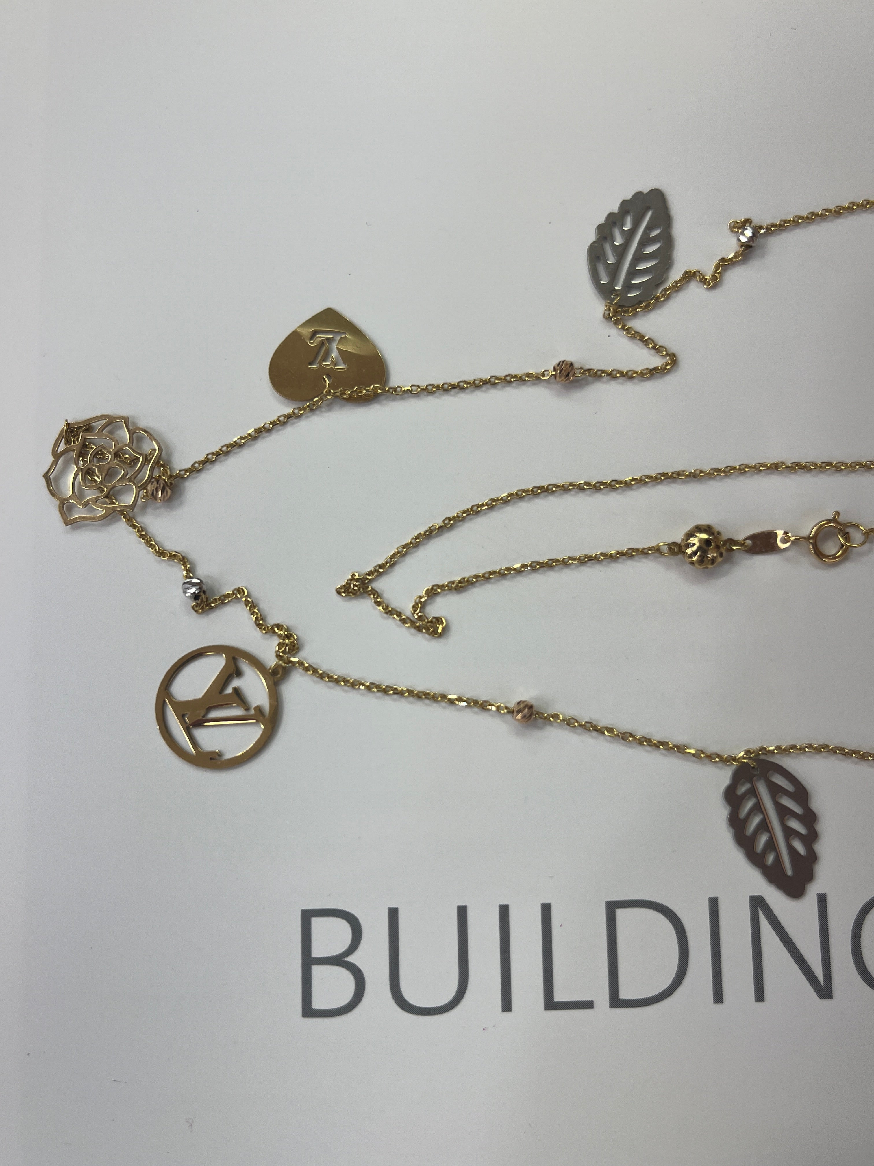 Estate 18K Yellow Gold  9 charms 33.5” Chain Long Necklace