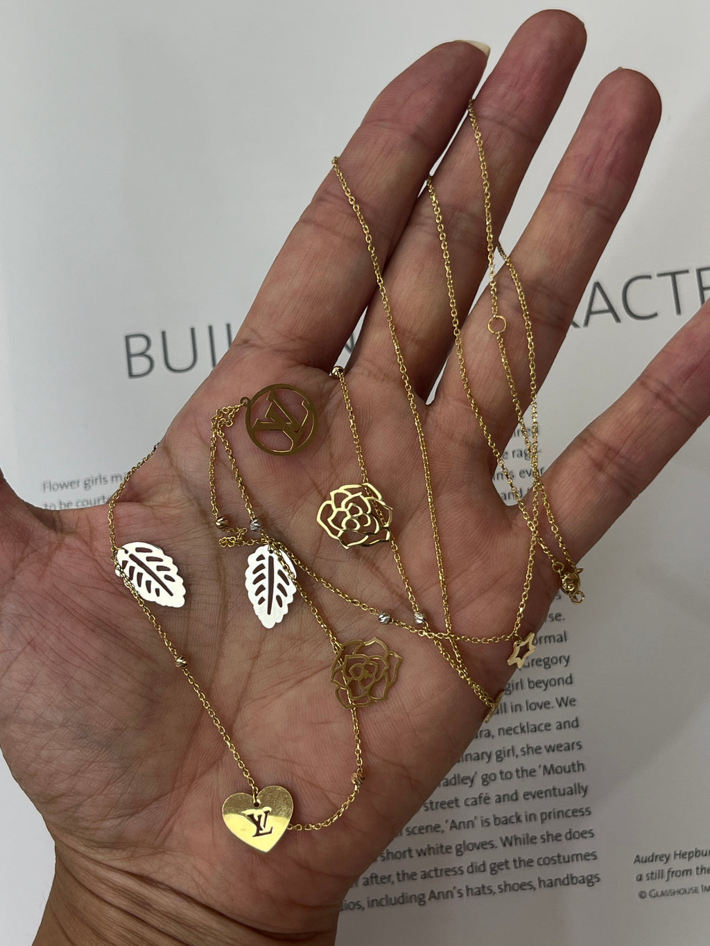 Estate 18K Yellow Gold  9 charms 33.5” Chain Long Necklace