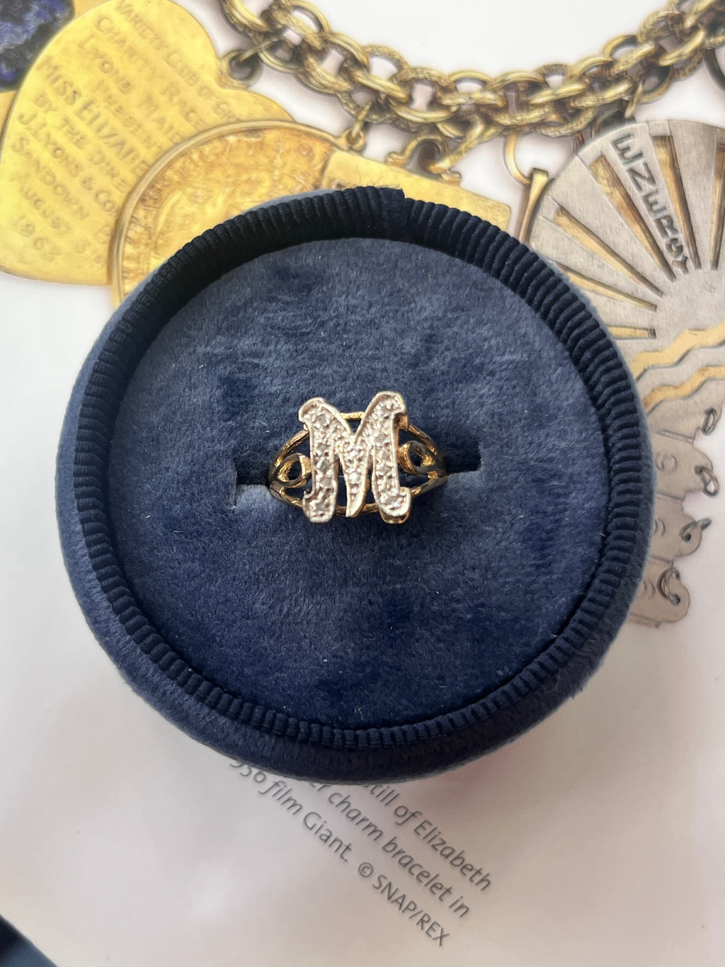 Vintage 14K Yellow Gold Letter “M” Diamond Ring