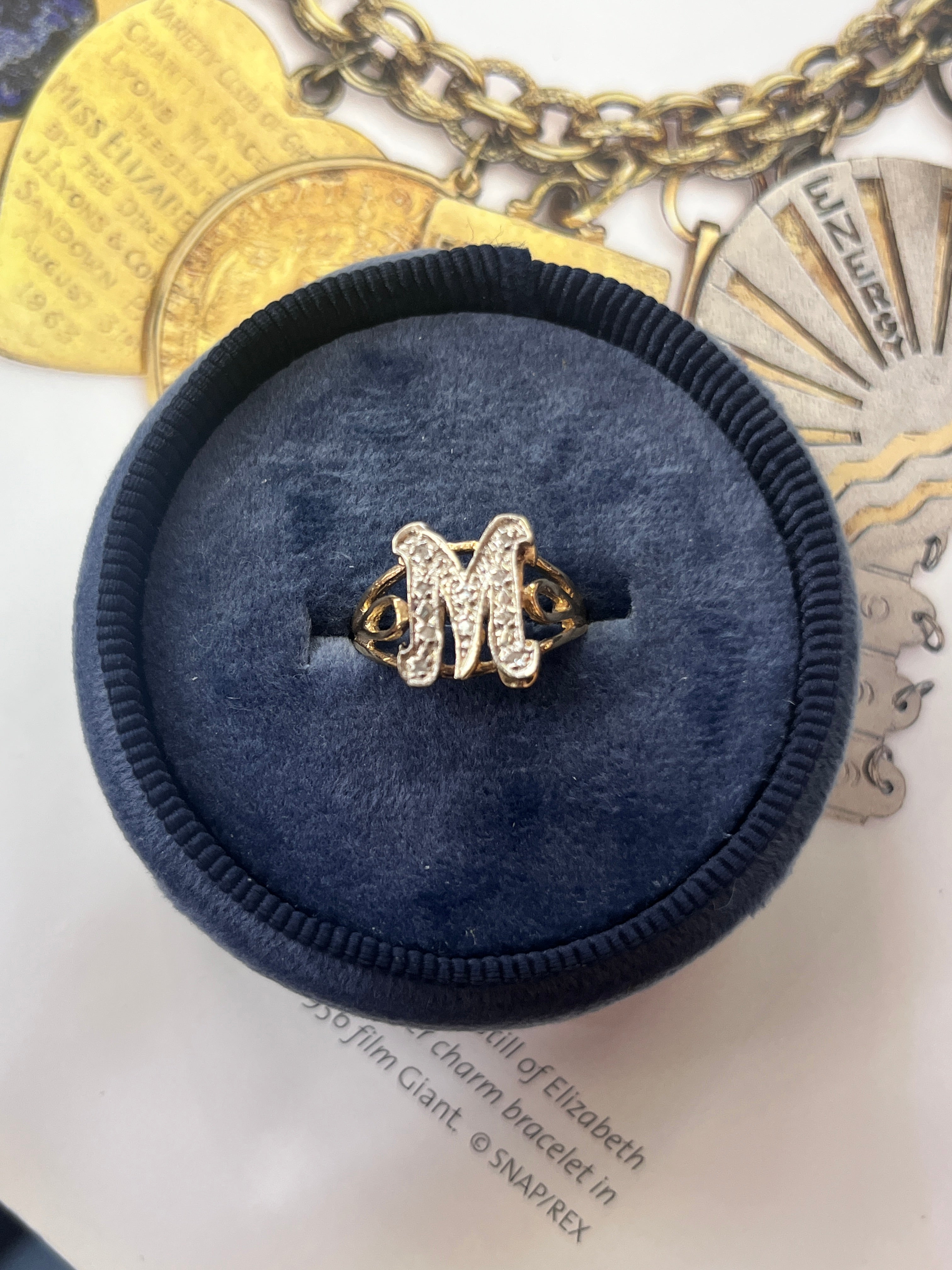 Vintage 14K Yellow Gold Letter “M” Diamond Ring