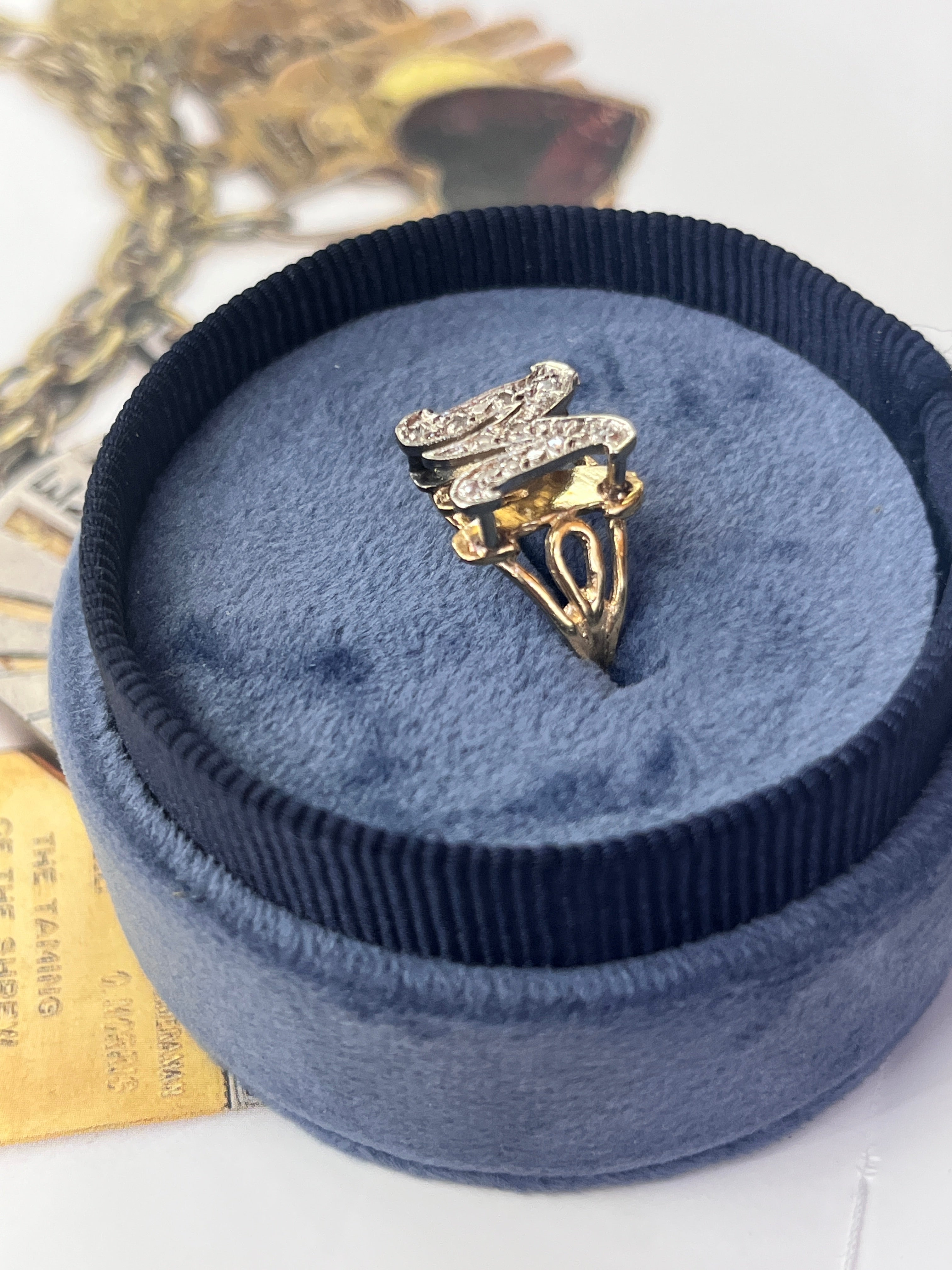 Vintage 14K Yellow Gold Letter “M” Diamond Ring