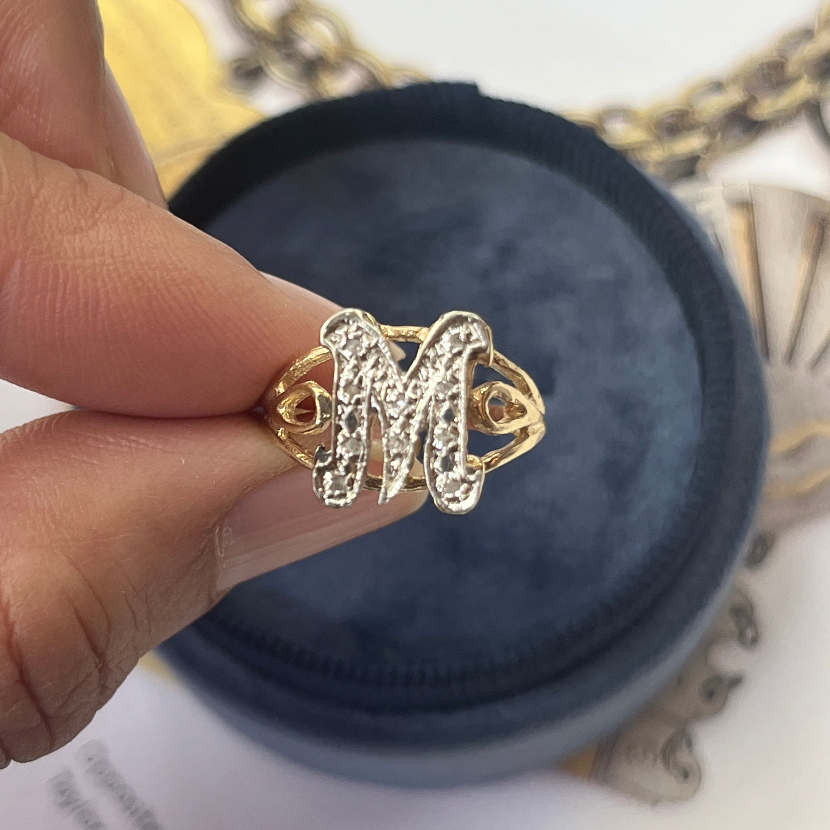 Vintage 14K Yellow Gold Letter “M” Diamond Ring