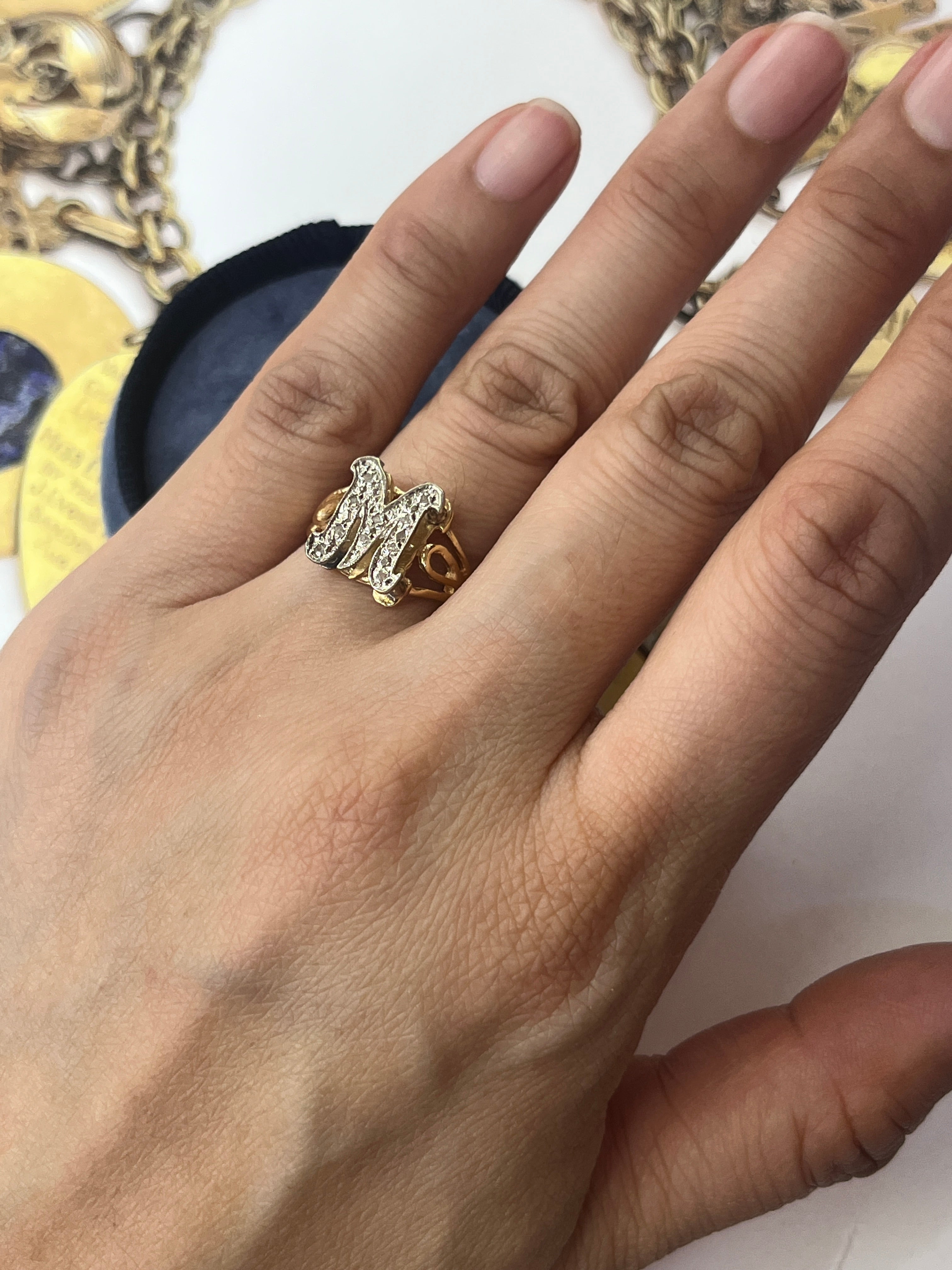Vintage 14K Yellow Gold Letter “M” Diamond Ring