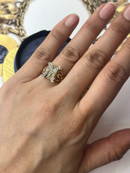 Vintage 14K Yellow Gold Letter “M” Diamond Ring