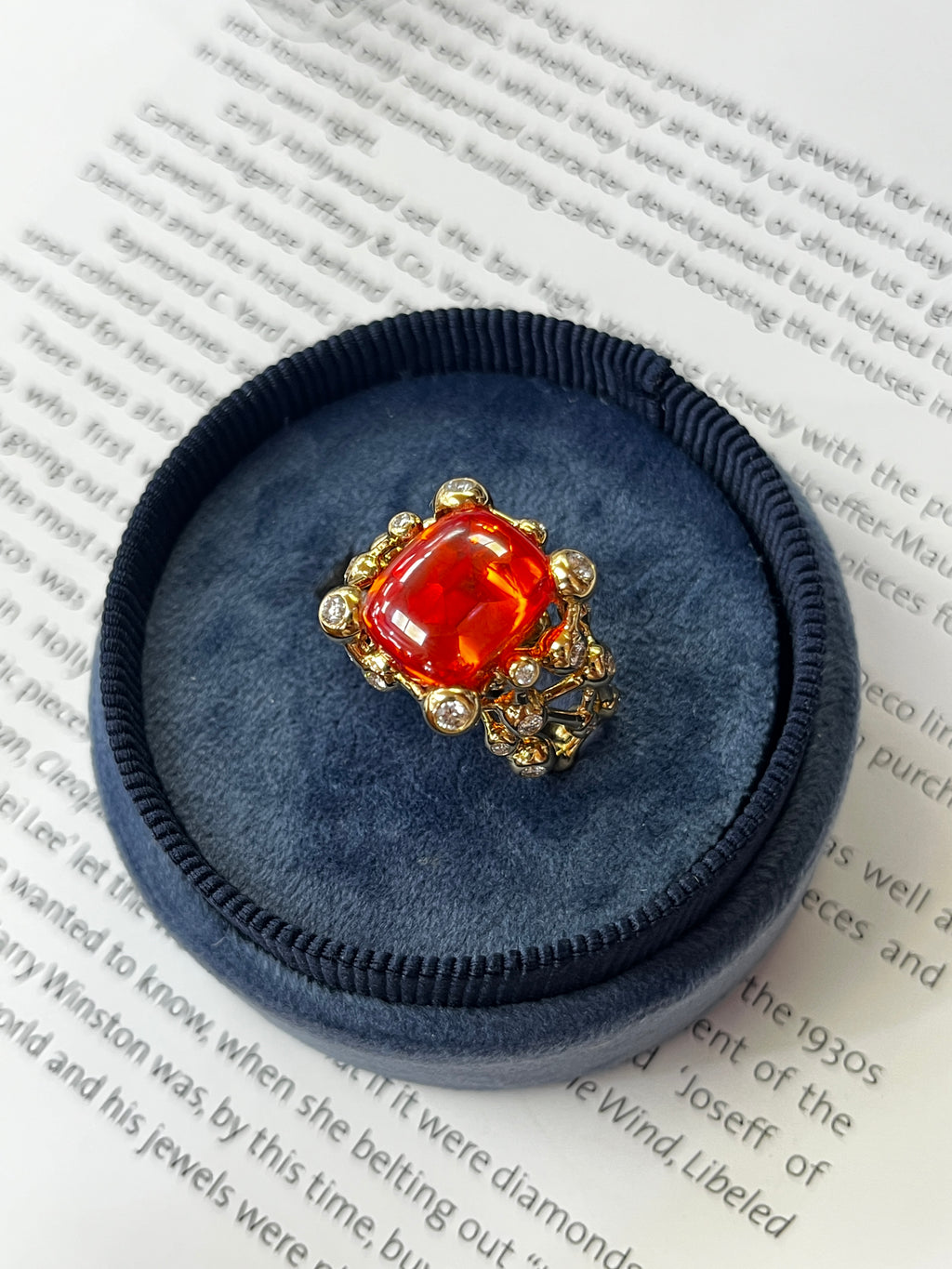 Vintage French Constellation Structure Fire Opal Diamond Ring, Statement Ring.
