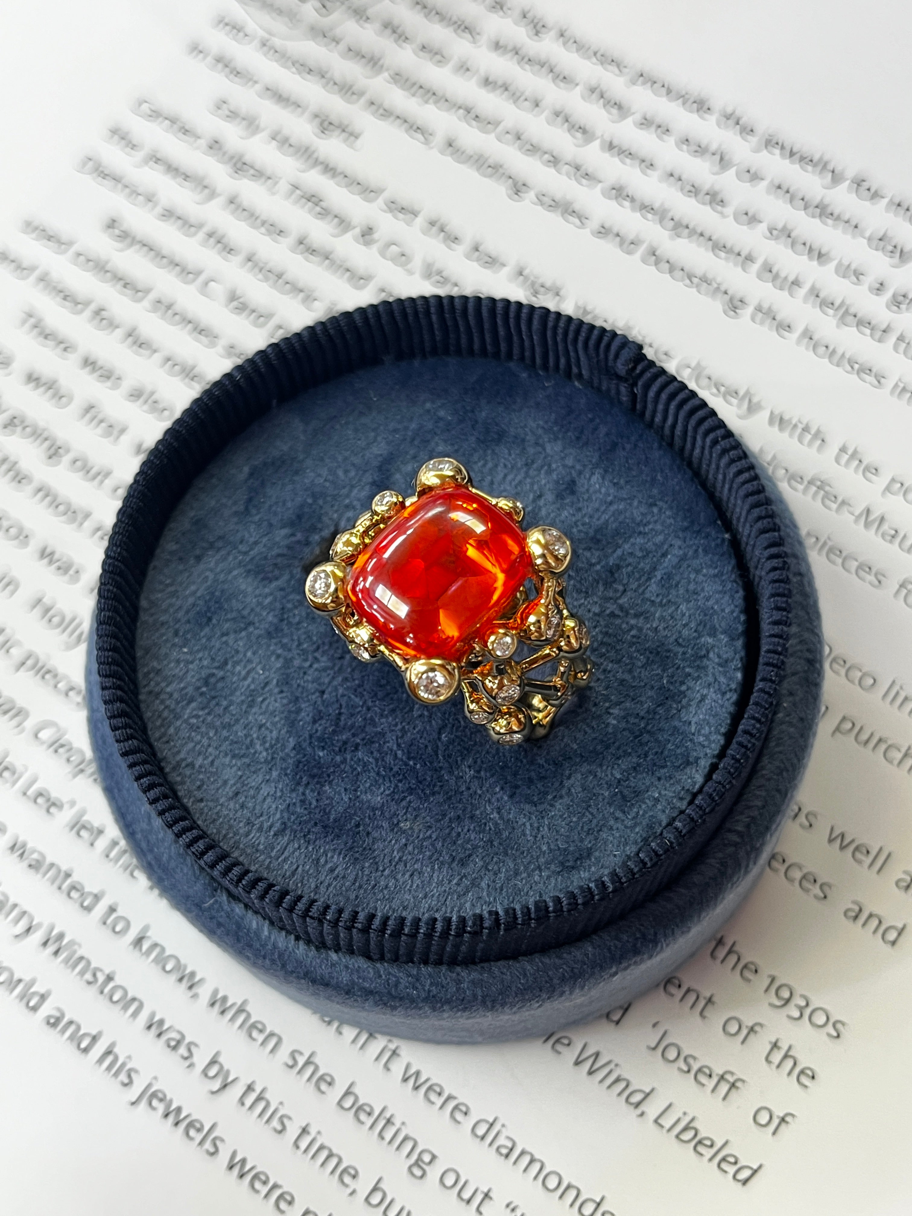 Vintage French Constellation Structure Fire Opal Diamond Ring, Statement Ring.