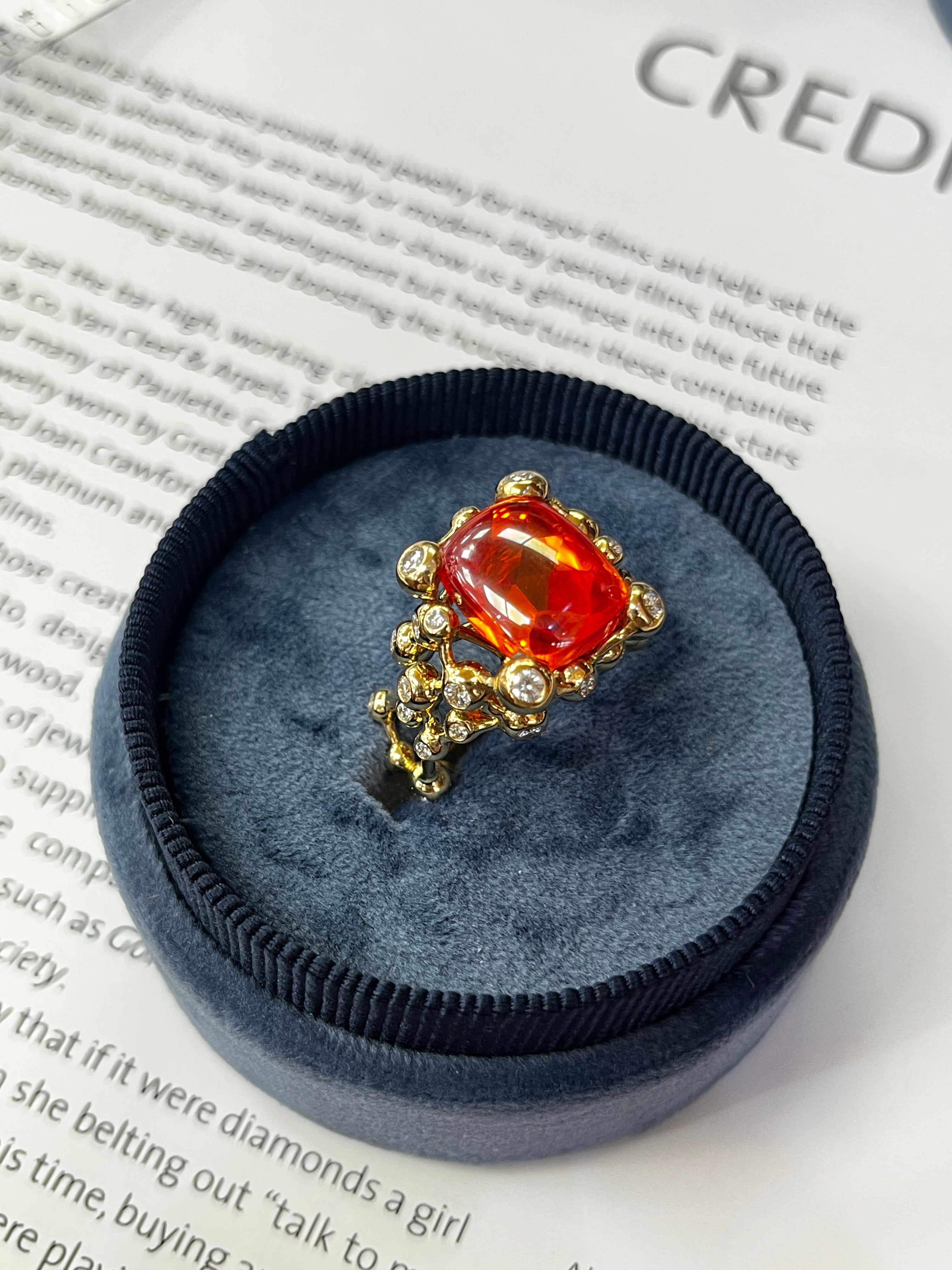 Vintage French Constellation Structure Fire Opal Diamond Ring, Statement Ring.