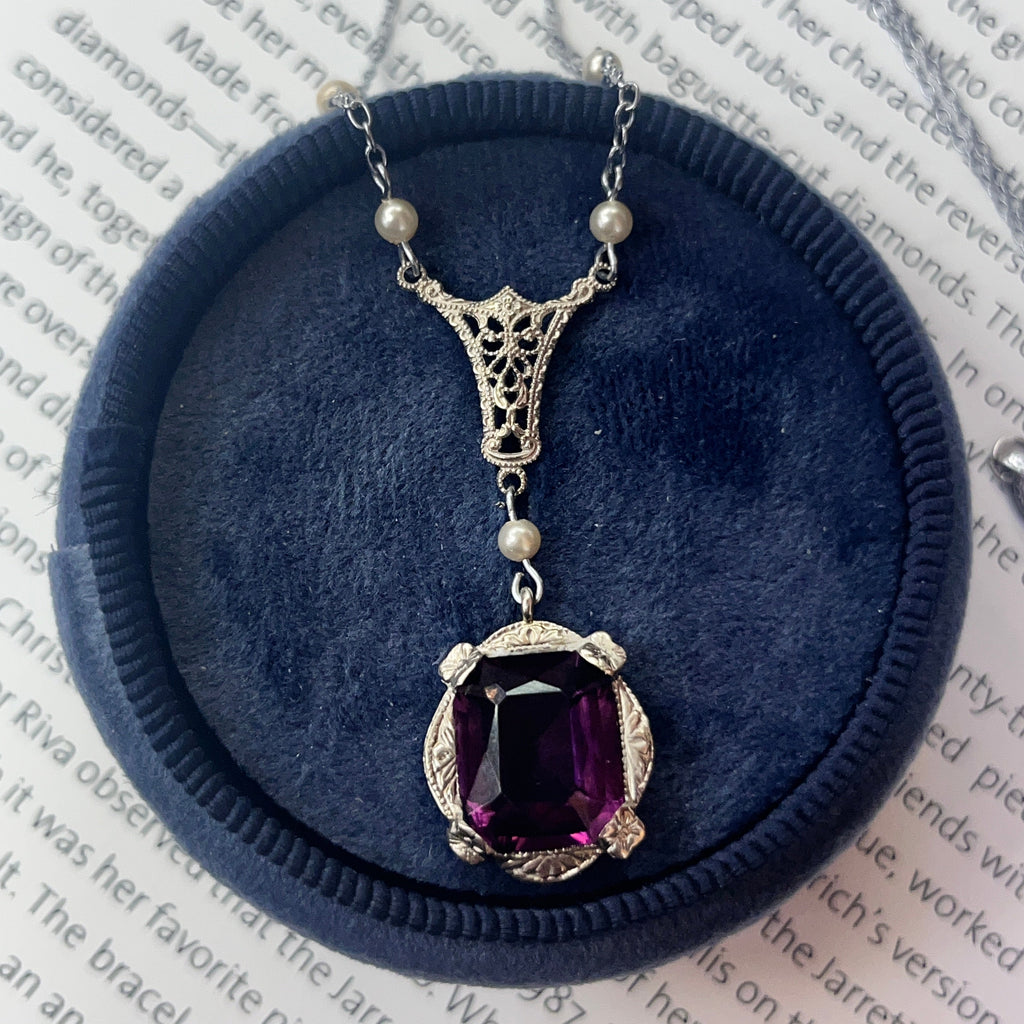 Antique Art Deco 14K White Gold Amethyst & Pearl Lariat Necklace