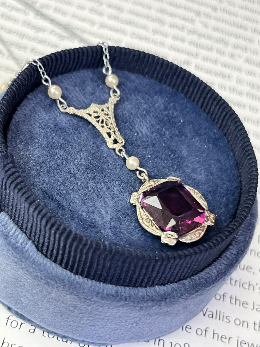 Antique Art Deco 14K White Gold Amethyst & Pearl Lariat Necklace