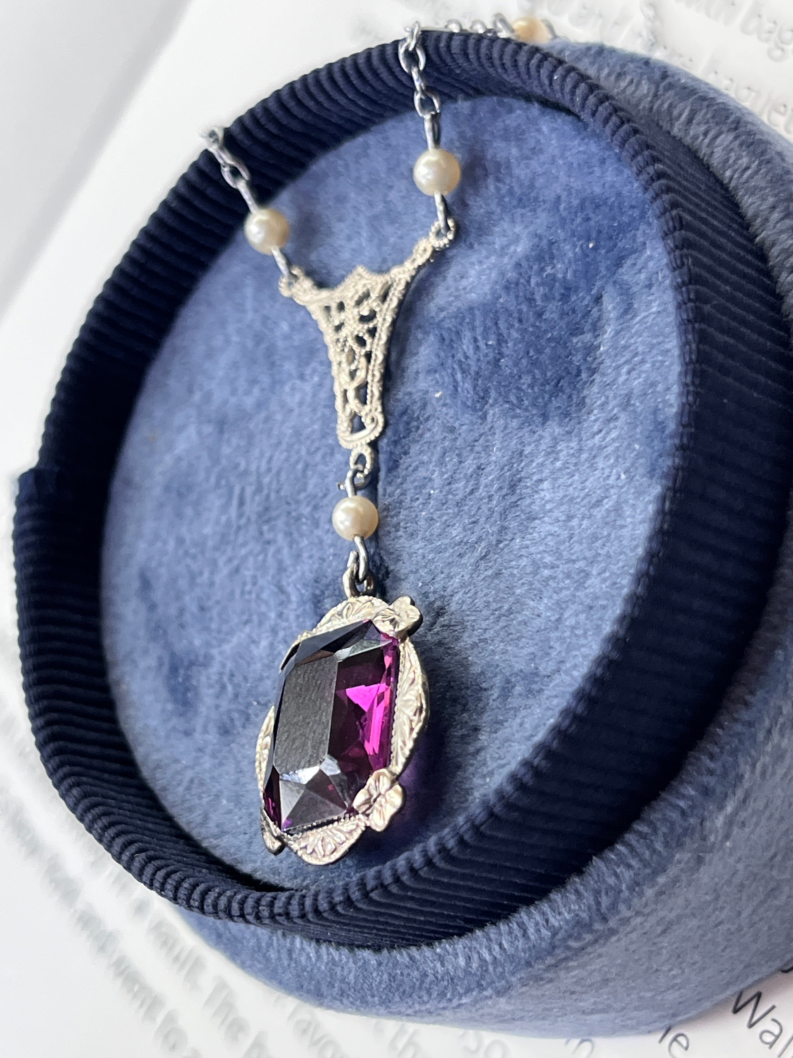 Antique Art Deco 14K White Gold Amethyst & Pearl Lariat Necklace