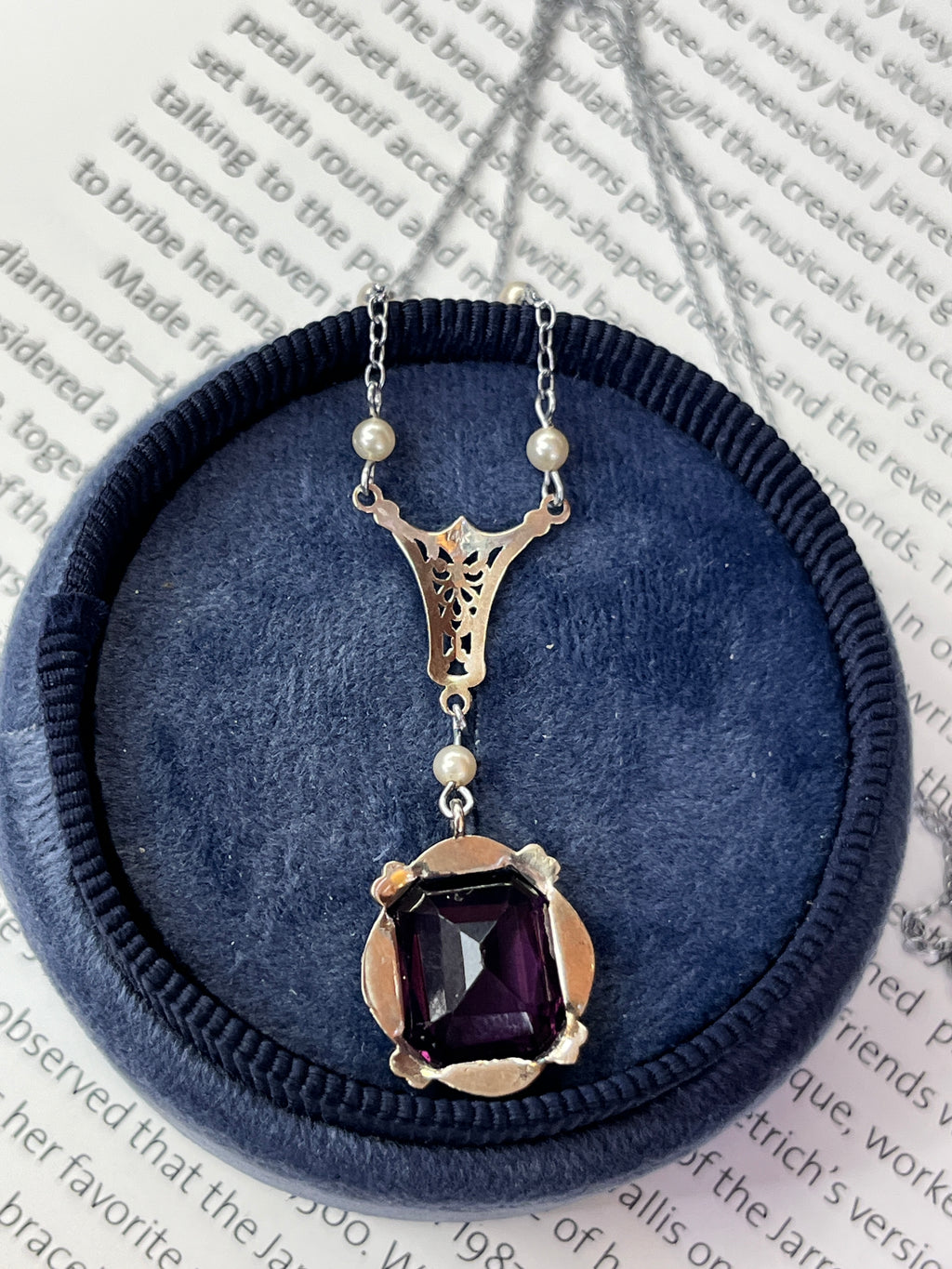 Antique Art Deco 14K White Gold Amethyst & Pearl Lariat Necklace