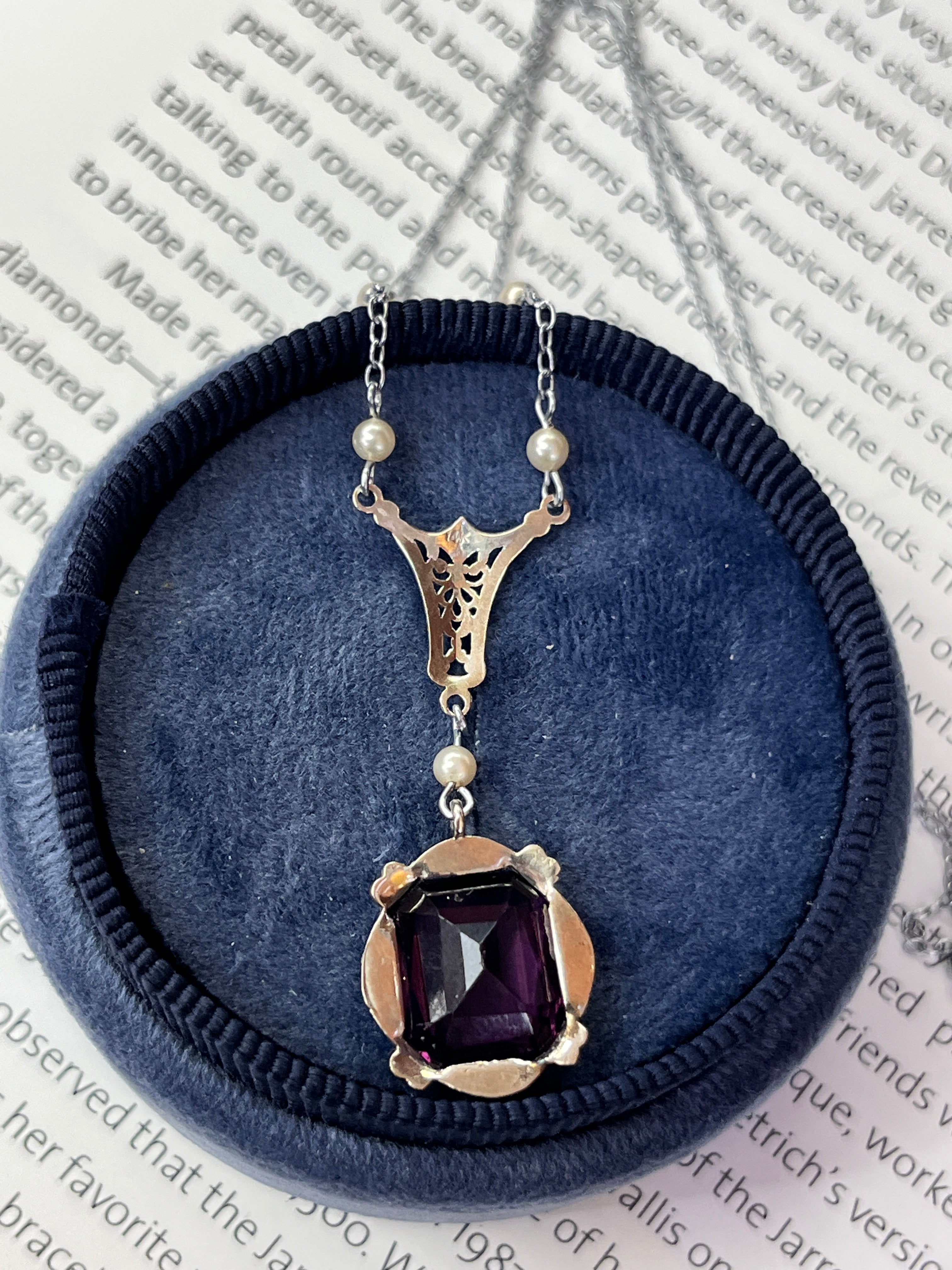 Antique Art Deco 14K White Gold Amethyst & Pearl Lariat Necklace
