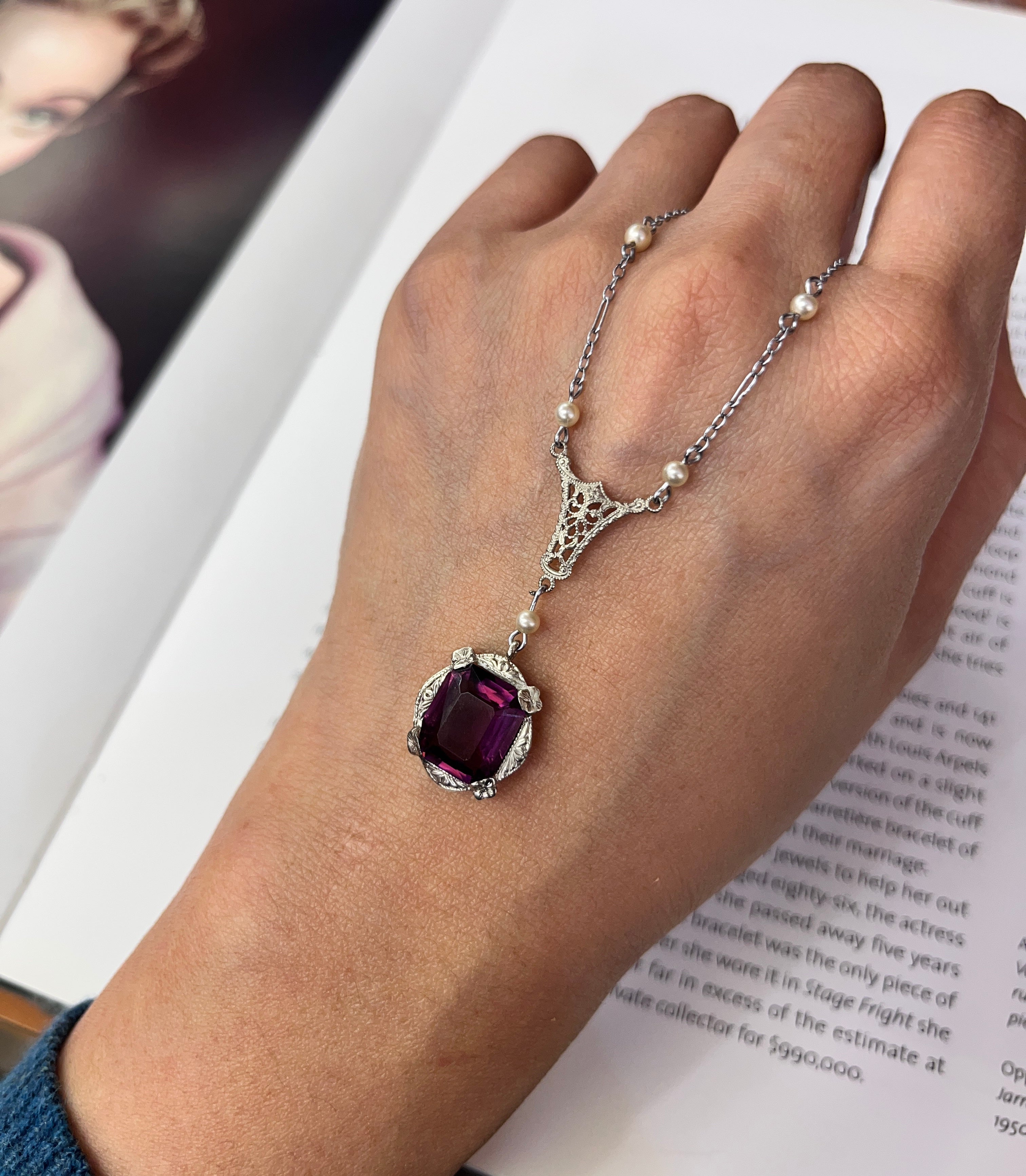 Antique Art Deco 14K White Gold Amethyst & Pearl Lariat Necklace