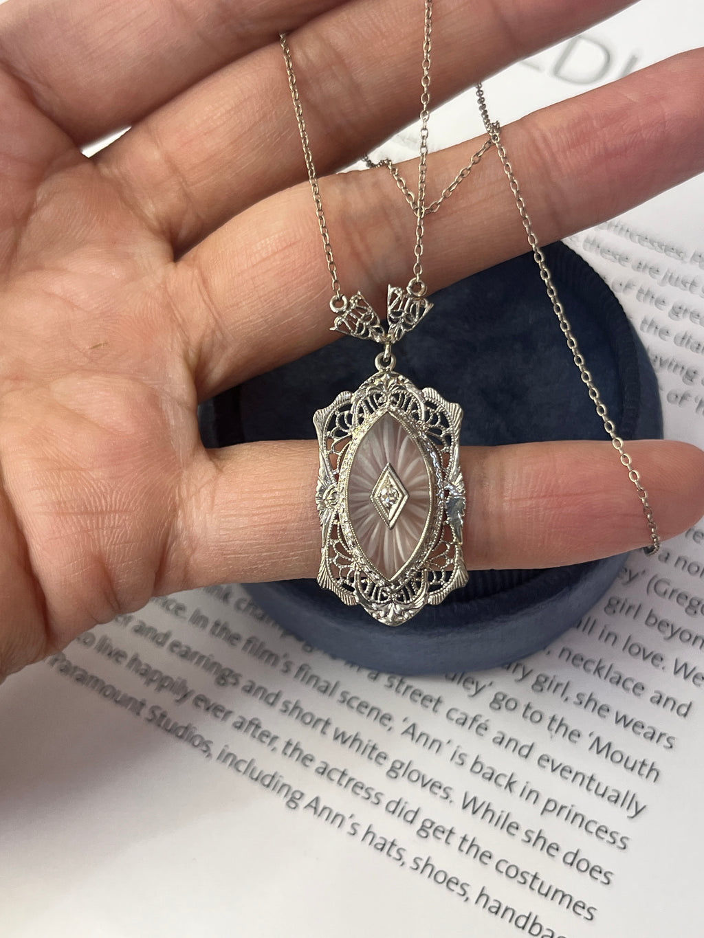 Art Deco 14K White Gold Camphor Glass Diamond Pendant Necklace