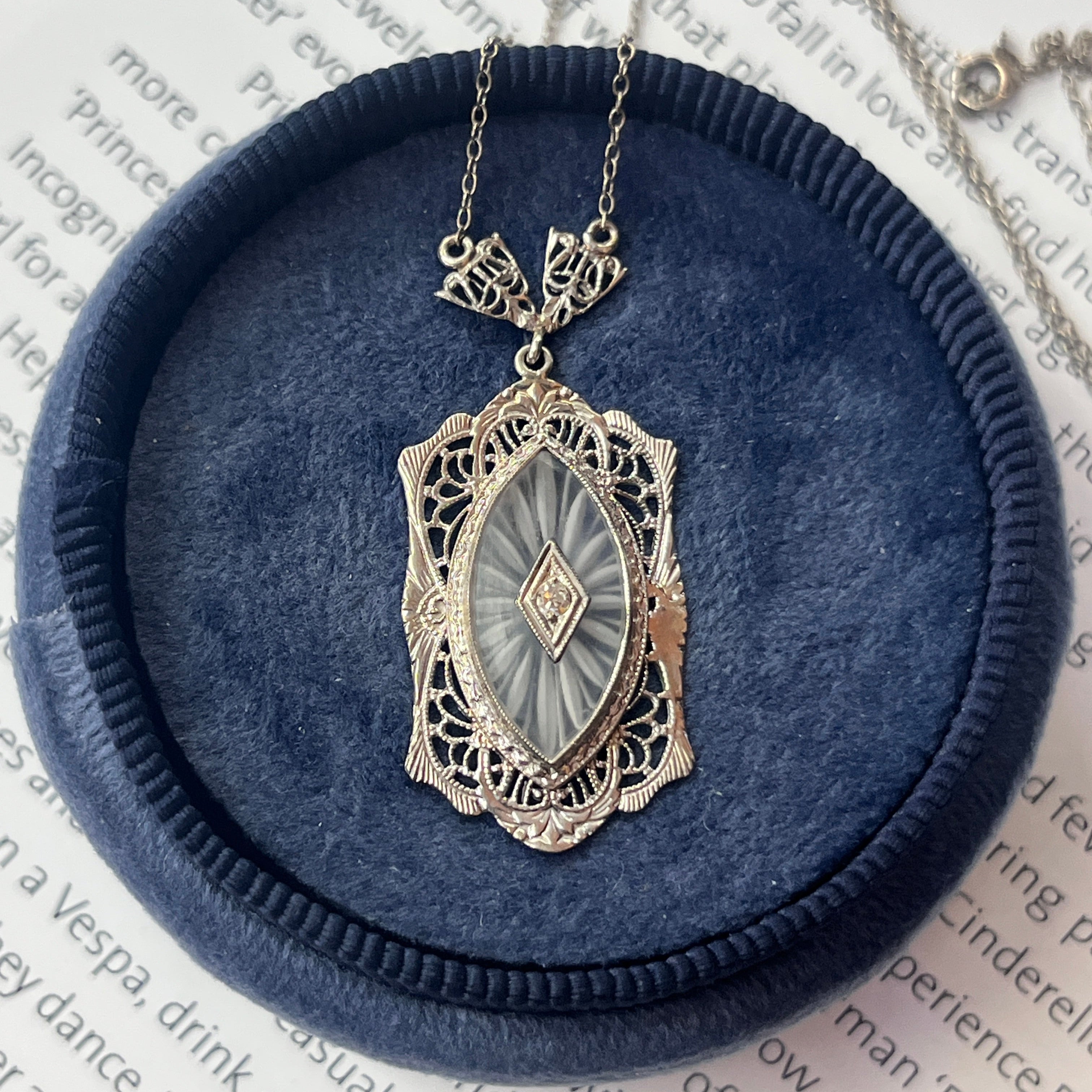 Art Deco 14K White Gold Camphor Glass Diamond Pendant Necklace
