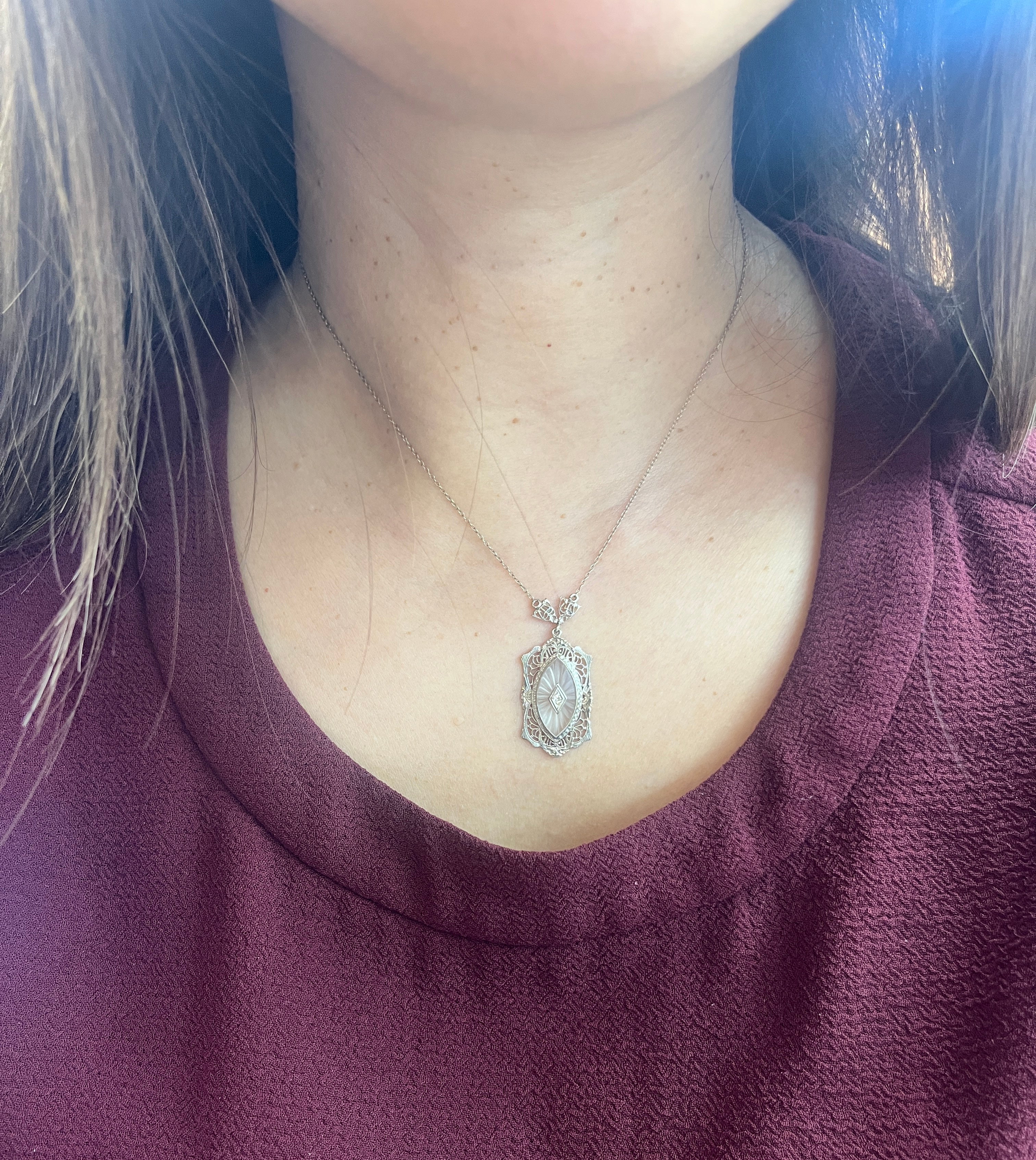 Art Deco 14K White Gold Camphor Glass Diamond Pendant Necklace