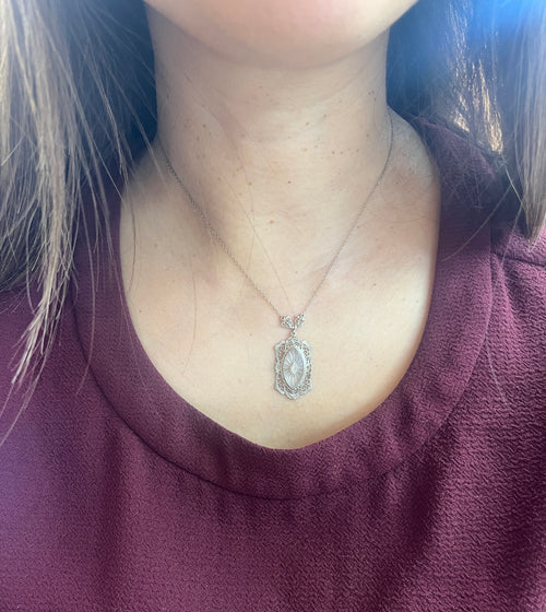 Art Deco 14K White Gold Camphor Glass Diamond Pendant Necklace