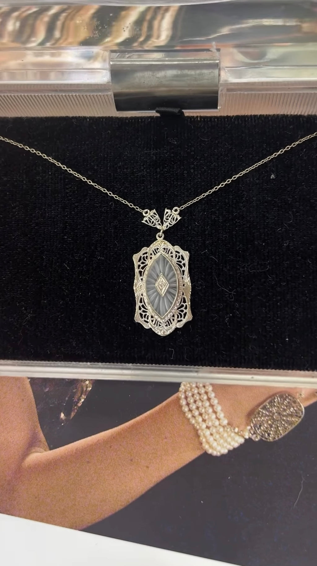 Art Deco 14K White Gold Camphor Glass Diamond Pendant Necklace