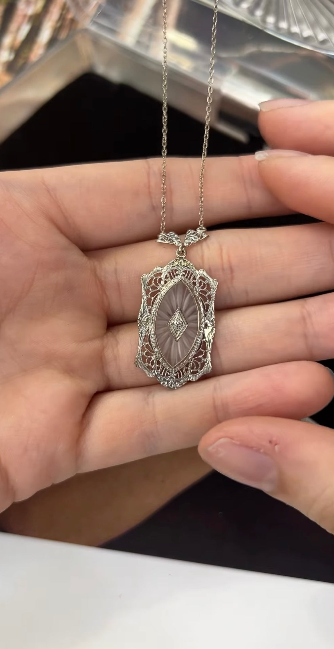 Art Deco 14K White Gold Camphor Glass Diamond Pendant Necklace