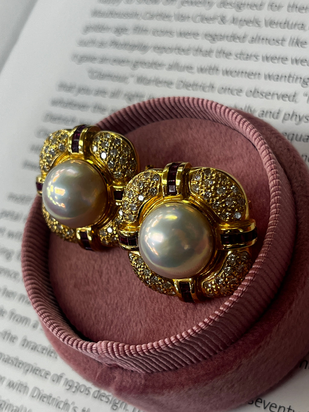 Vintage Mabe Pearl Diamond & Ruby Button Clip Earrings