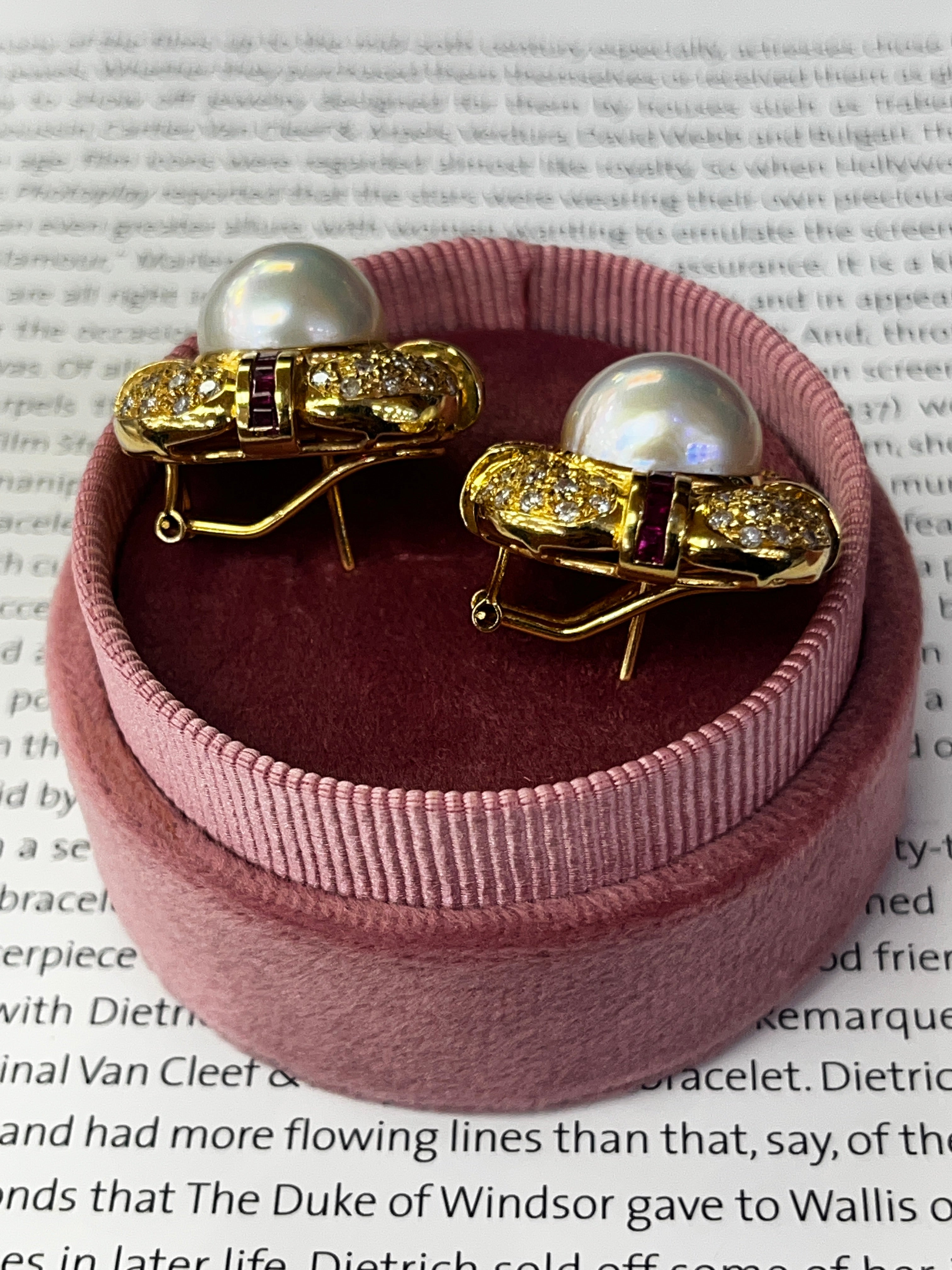 Vintage Mabe Pearl Diamond & Ruby Button Clip Earrings