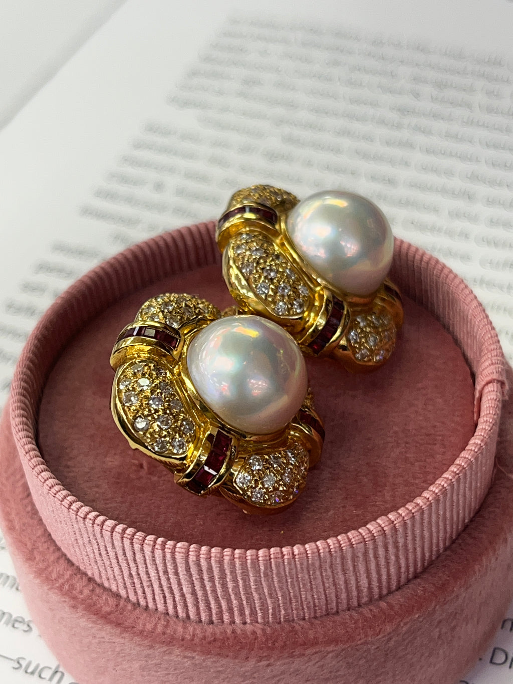 Vintage Mabe Pearl Diamond & Ruby Button Clip Earrings