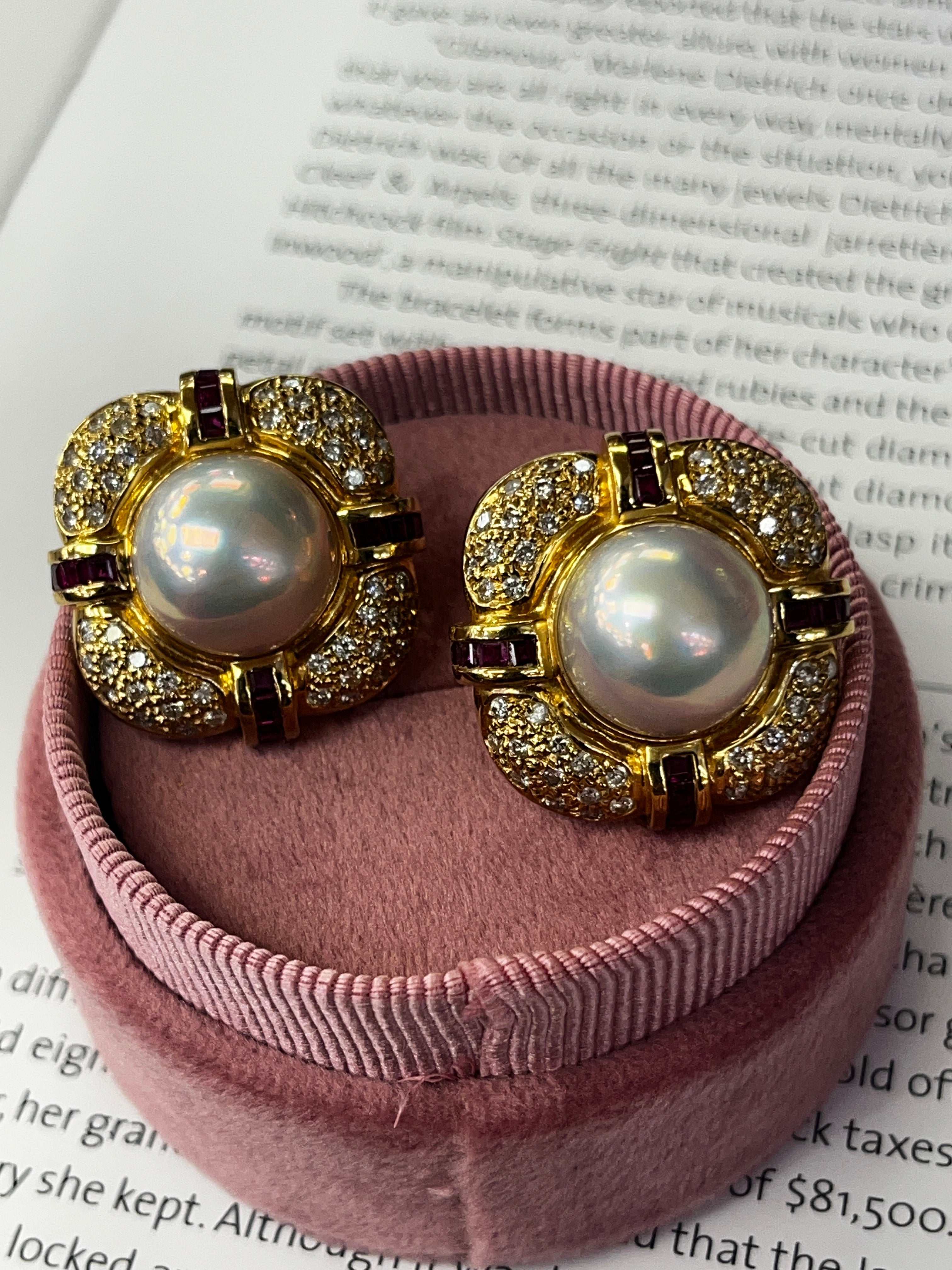 Vintage Mabe Pearl Diamond & Ruby Button Clip Earrings