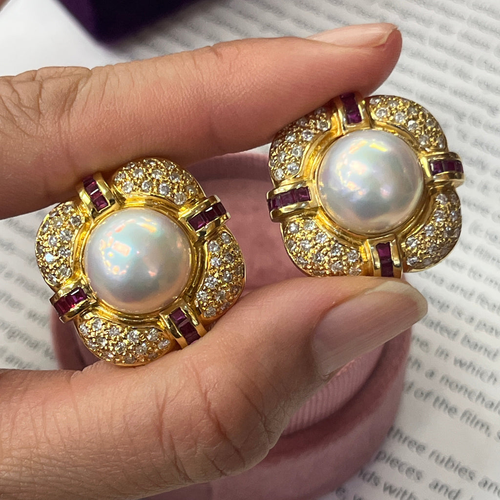 Vintage Mabe Pearl Diamond & Ruby Button Clip Earrings