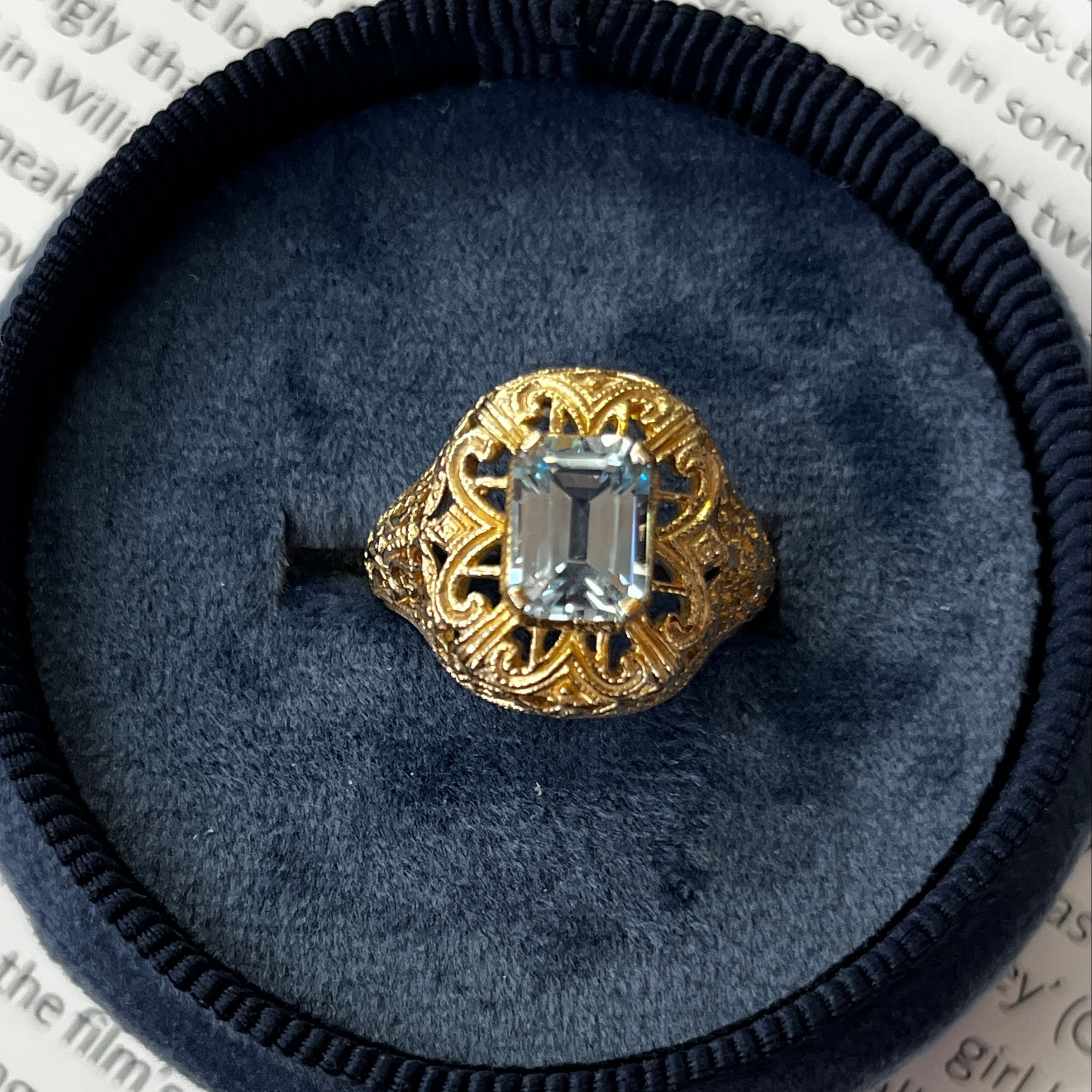 Vintage 10K Yellow Gold Filigree Blue Topaz Ring