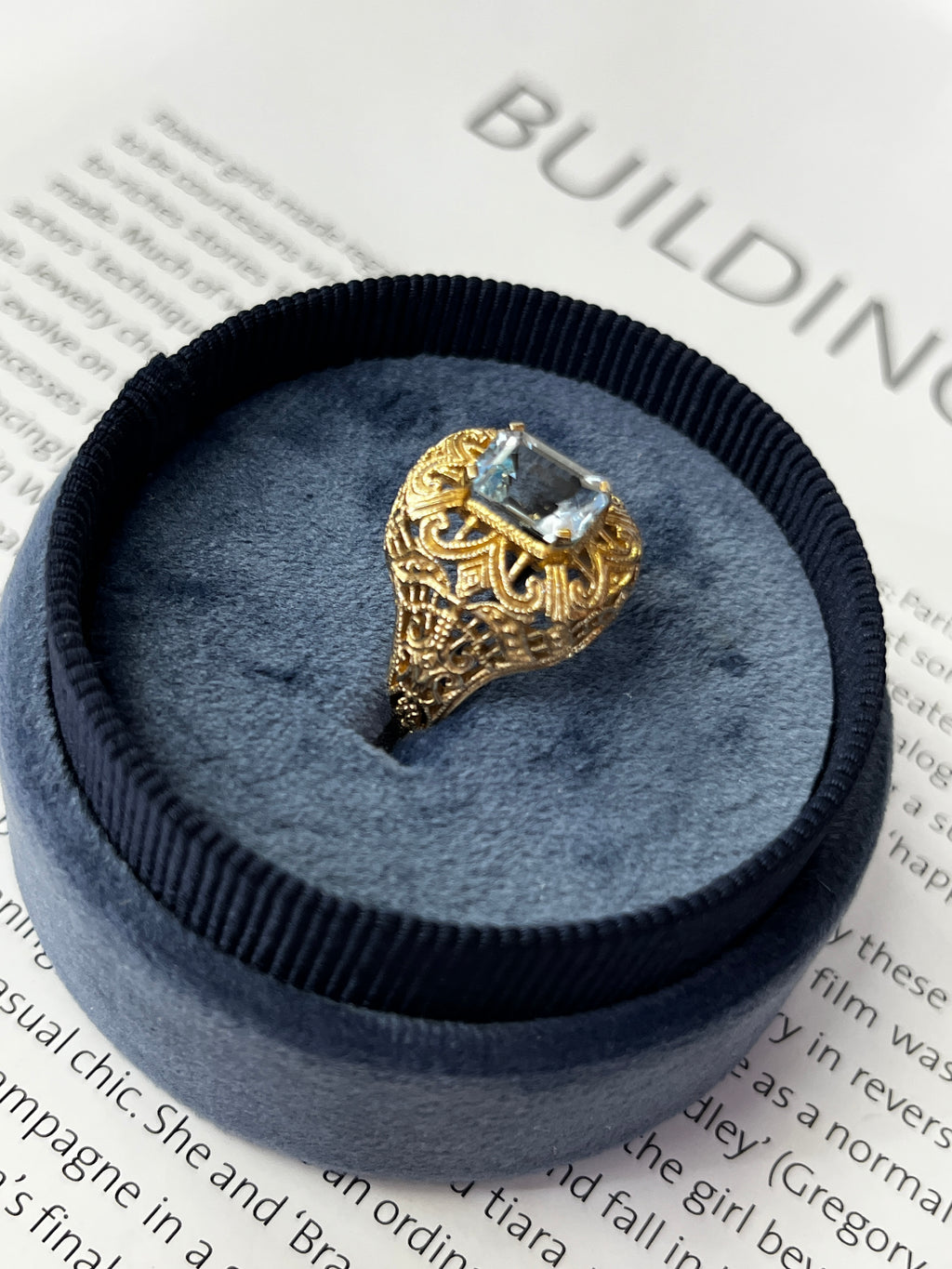 Vintage 10K Yellow Gold Filigree Blue Topaz Ring
