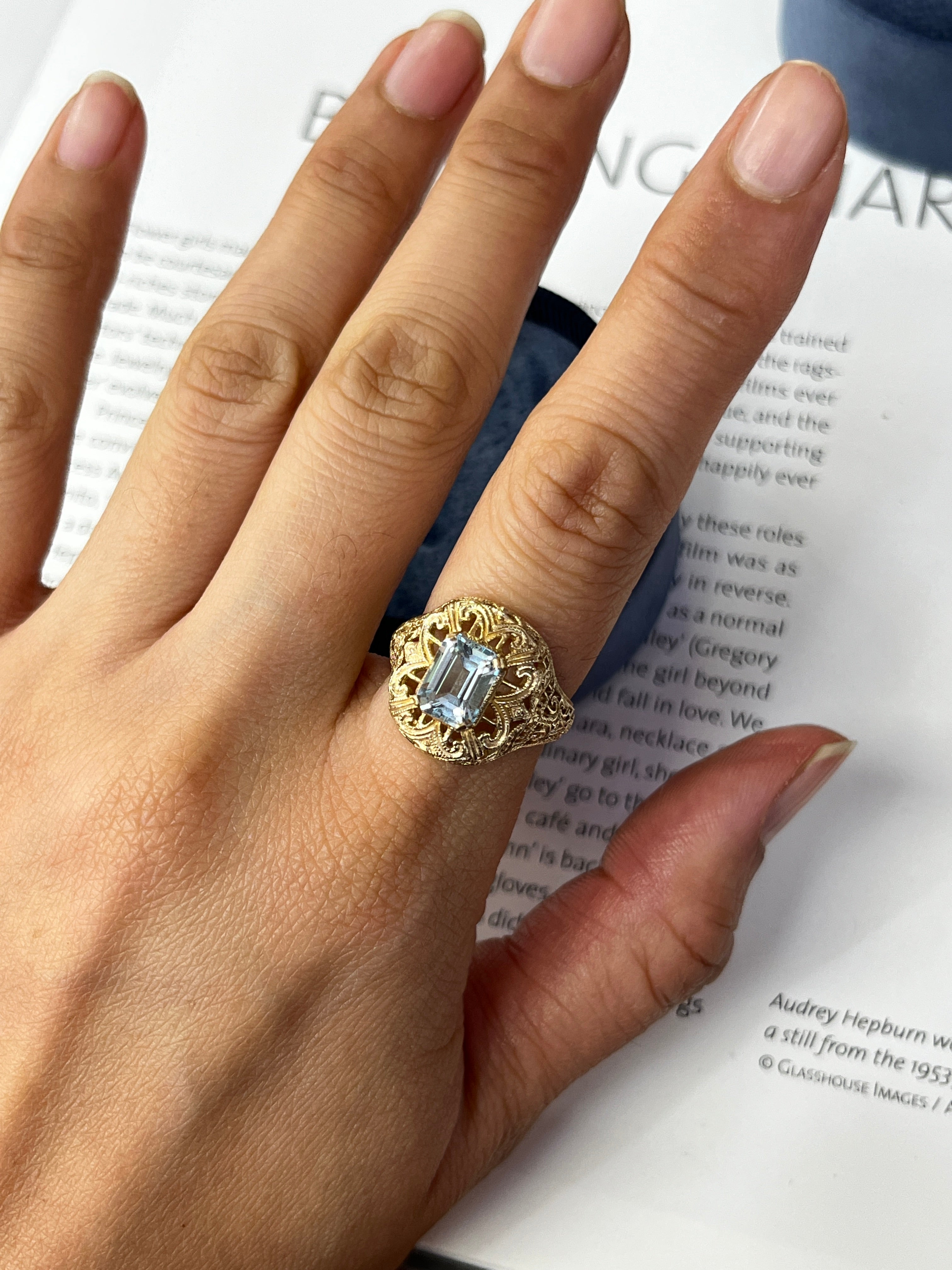 Vintage 10K Yellow Gold Filigree Blue Topaz Ring