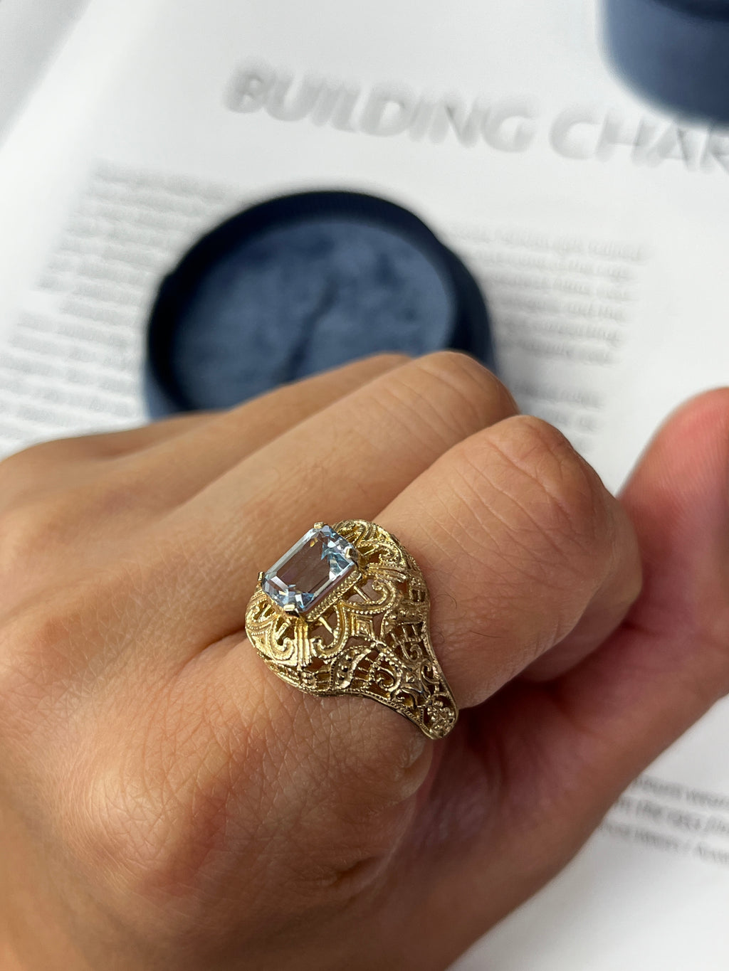 Vintage 10K Yellow Gold Filigree Blue Topaz Ring