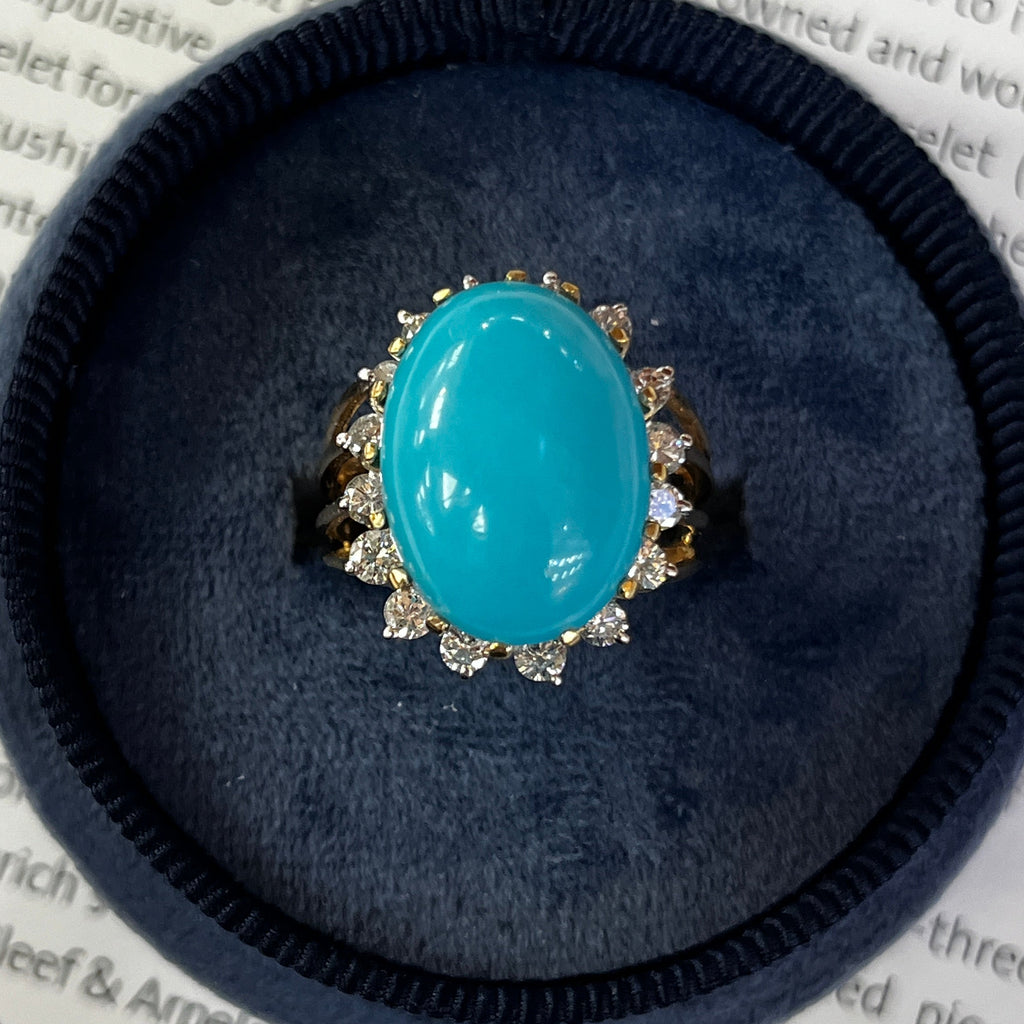 Vintage 14K Yellow Gold Large Natural Turquoise Diamond Halo Ring