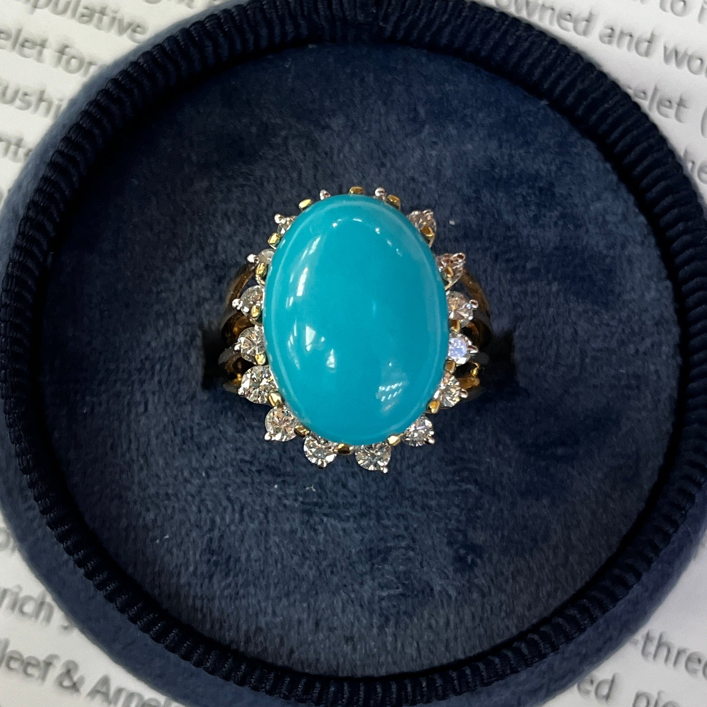 Vintage 14K Yellow Gold Large Natural Turquoise Diamond Halo Ring