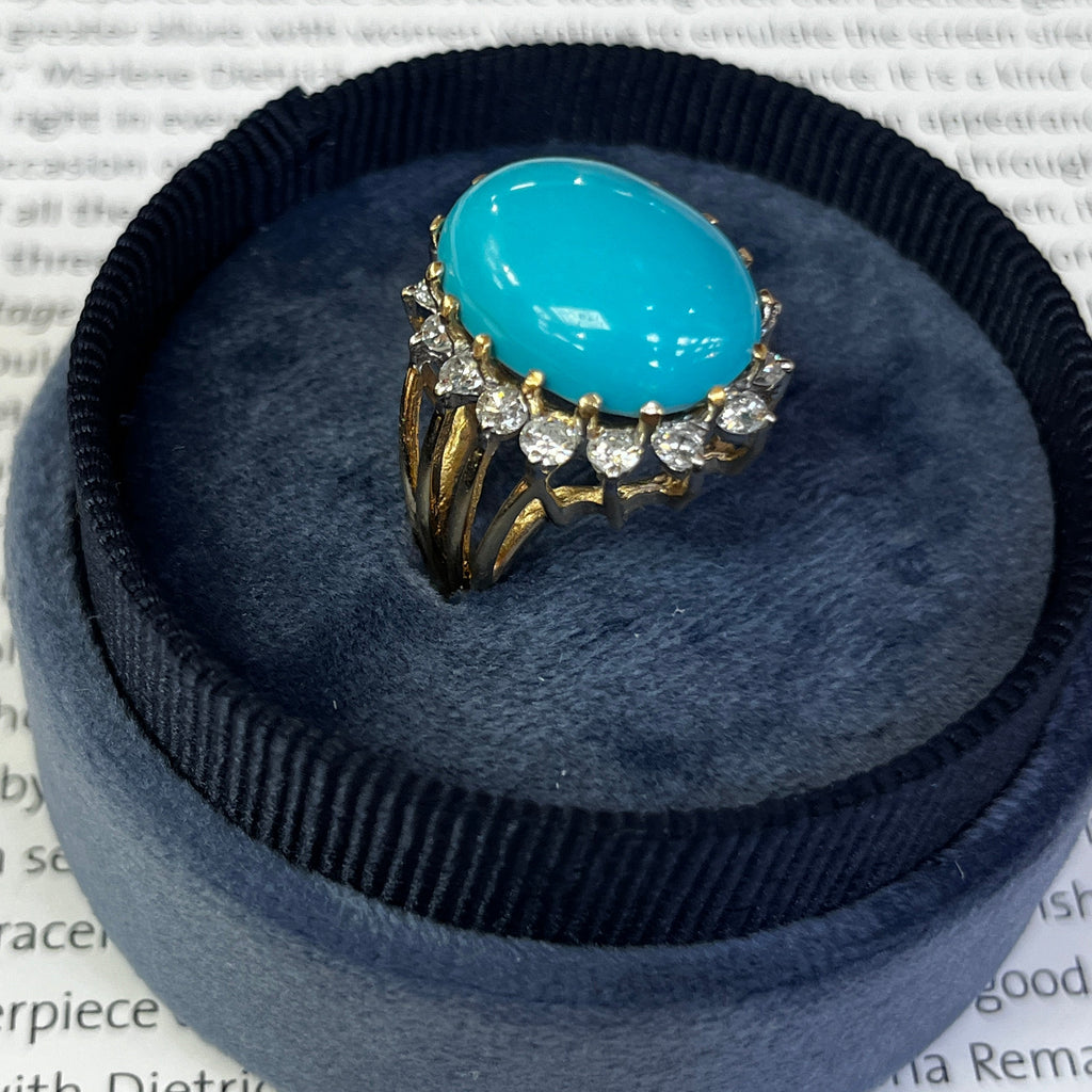 Vintage 14K Yellow Gold Large Natural Turquoise Diamond Halo Ring