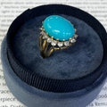 Vintage 14K Yellow Gold Large Natural Turquoise Diamond Halo Ring